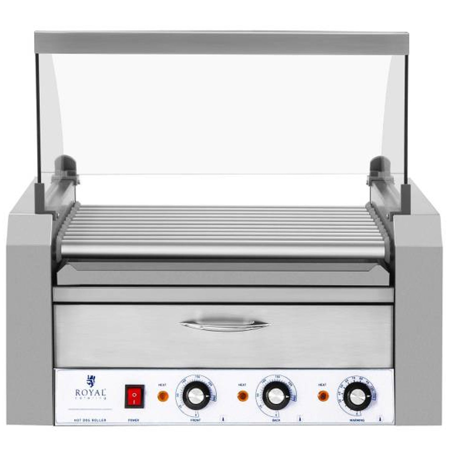 Roller roller grill with lid and heating drawer for 20 hot dog wieners 2600W 230V Royal Catering - Carlat