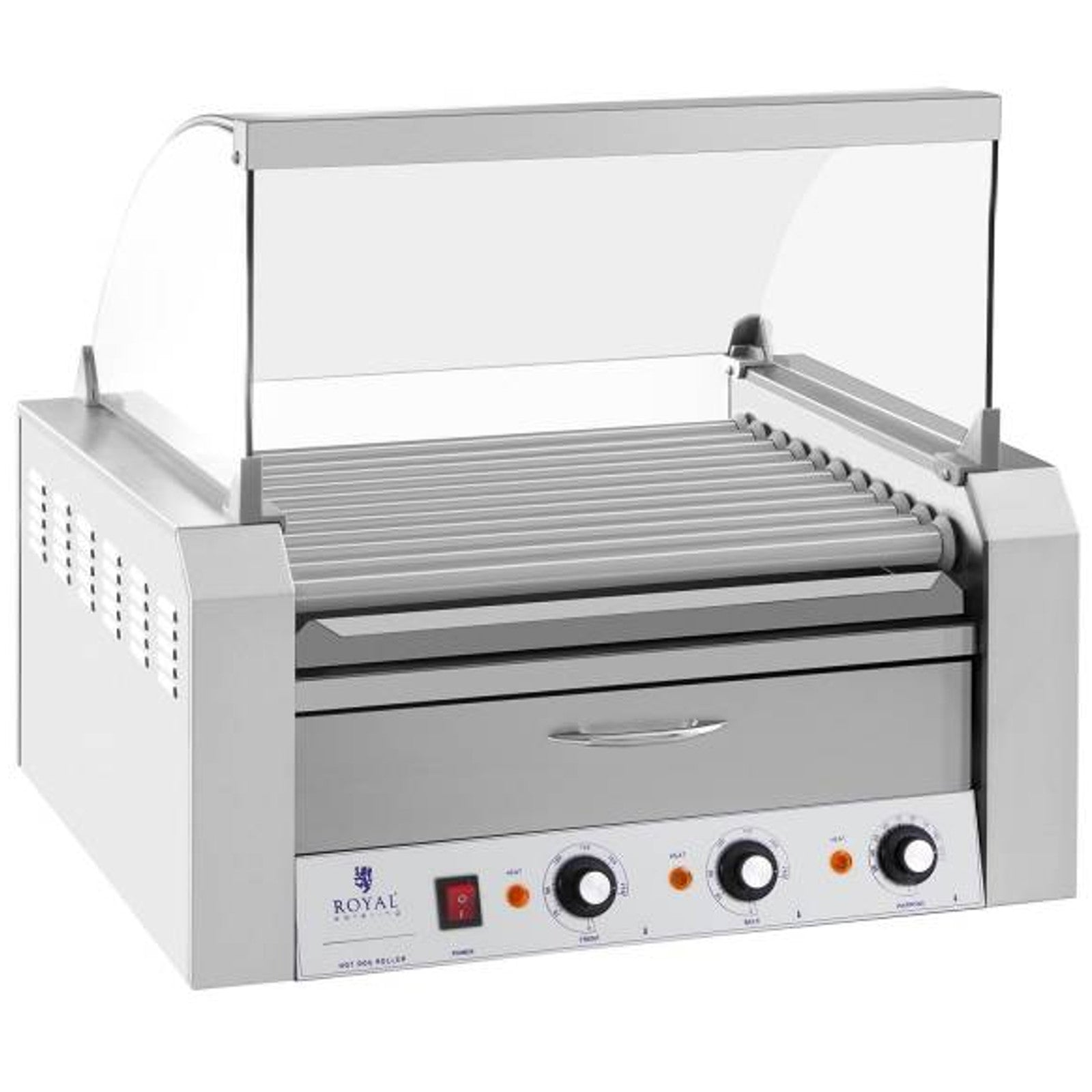 Roller roller grill with lid and heating drawer for 20 hot dog wieners 2600W 230V Royal Catering - Carlat