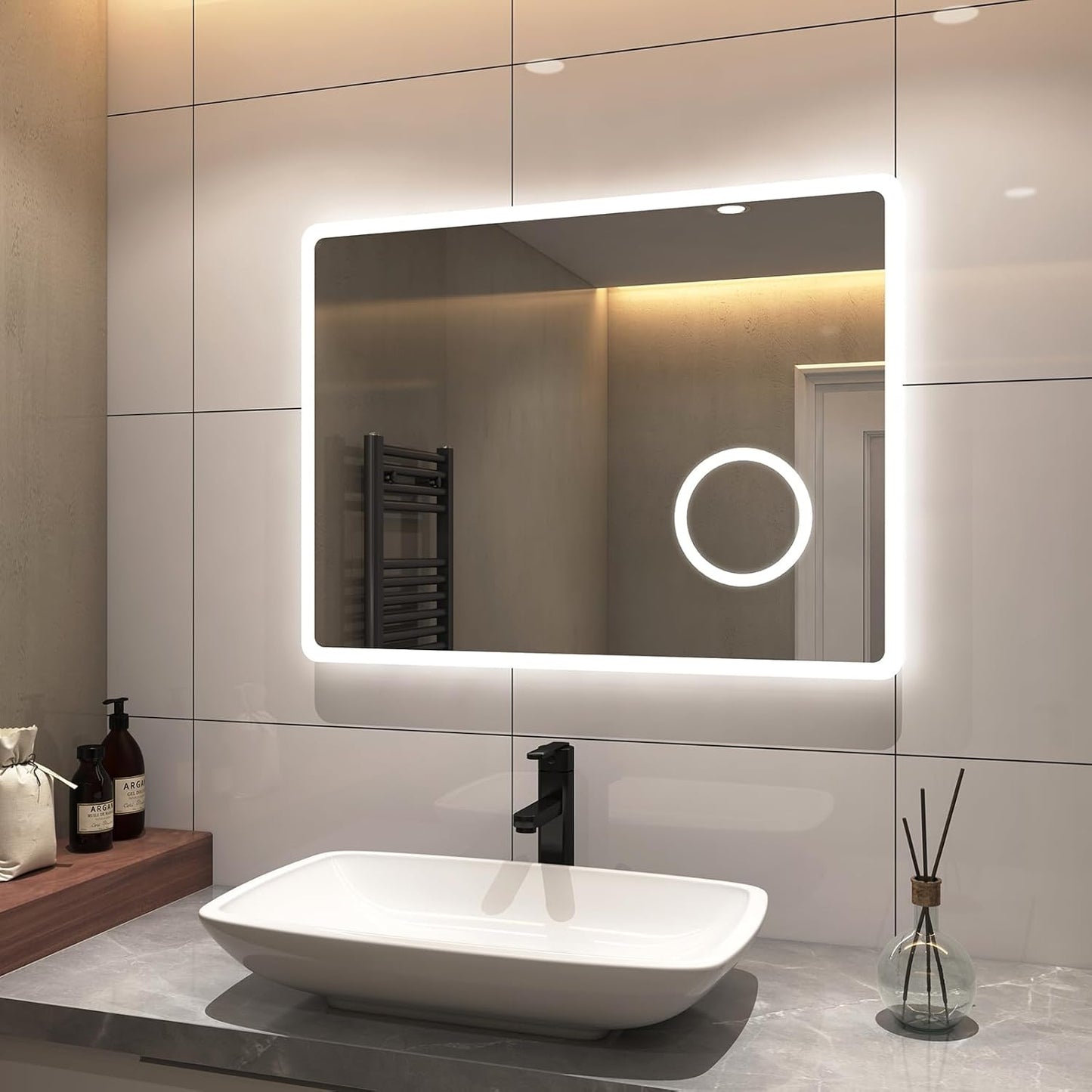 S'AFIELINA Bathroom Mirror 120 x 60 cm Bathroom Mirror with Lighting LED Bathroom Mirror with Push Button Switch 2 Light Colours Cool White and Warm White Anti-Fog 3x Magnification Memory Function - Carlat
