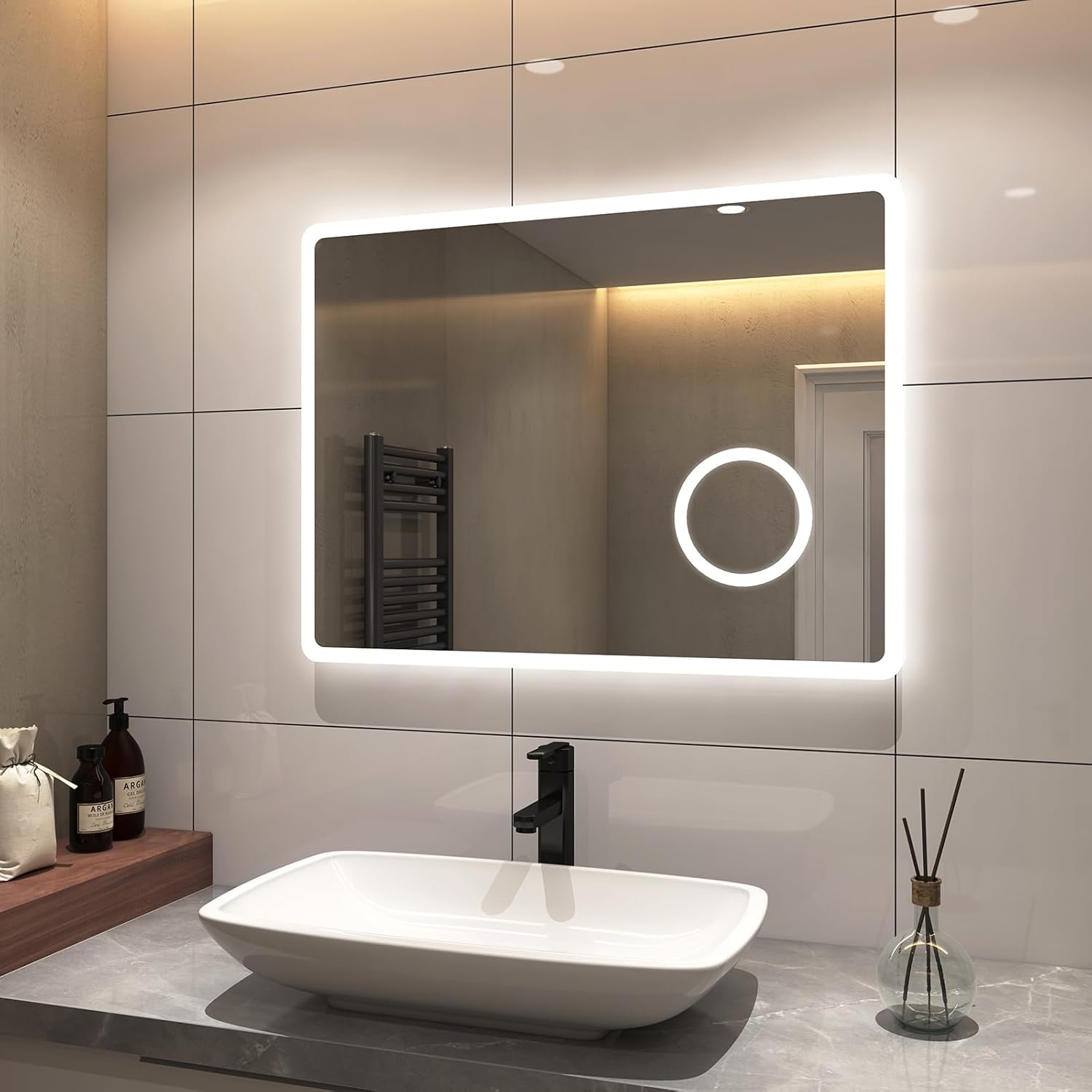 S'AFIELINA Bathroom Mirror 120 x 60 cm Bathroom Mirror with Lighting LED Bathroom Mirror with Push Button Switch 2 Light Colours Cool White and Warm White Anti-Fog 3x Magnification Memory Function - Carlat