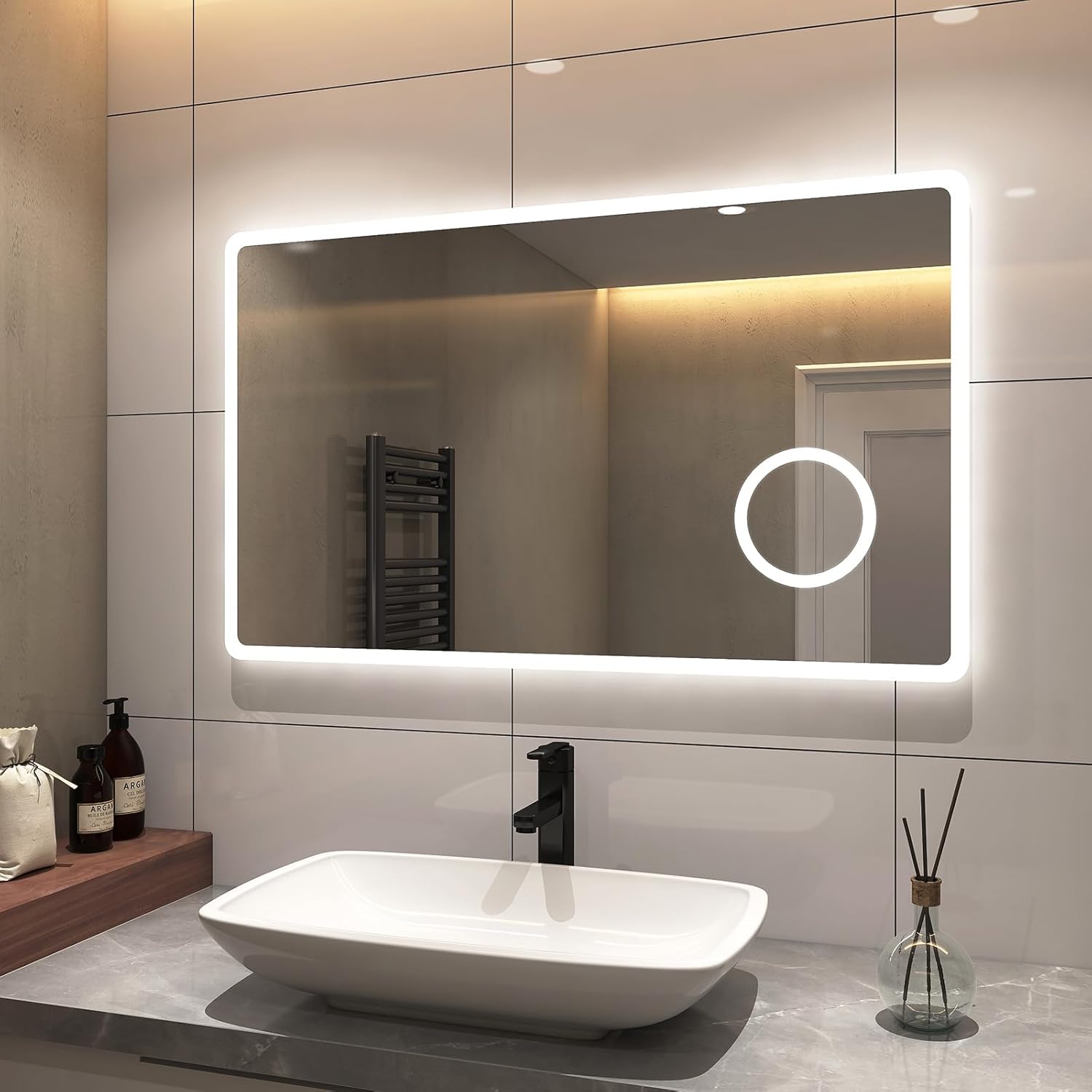 S'AFIELINA Bathroom Mirror 120 x 60 cm Bathroom Mirror with Lighting LED Bathroom Mirror with Push Button Switch 2 Light Colours Cool White and Warm White Anti-Fog 3x Magnification Memory Function - Carlat