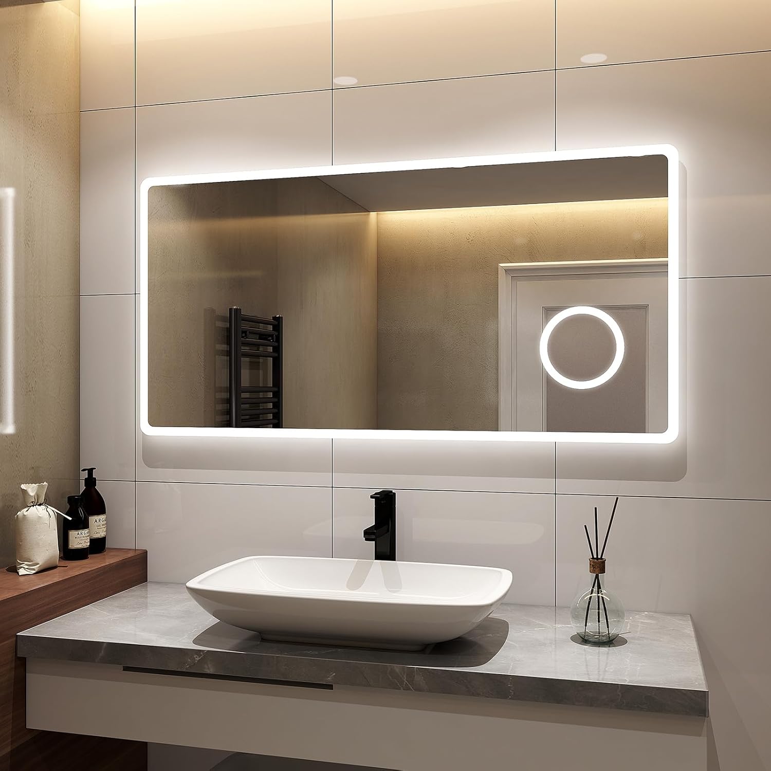 S'AFIELINA Bathroom Mirror 120 x 60 cm Bathroom Mirror with Lighting LED Bathroom Mirror with Push Button Switch 2 Light Colours Cool White and Warm White Anti-Fog 3x Magnification Memory Function - Carlat