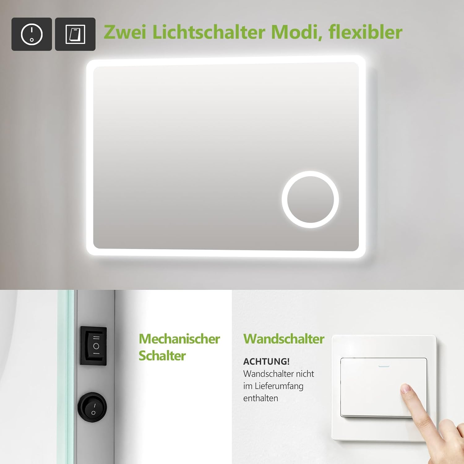 S'AFIELINA Bathroom Mirror 120 x 60 cm Bathroom Mirror with Lighting LED Bathroom Mirror with Push Button Switch 2 Light Colours Cool White and Warm White Anti-Fog 3x Magnification Memory Function - Carlat