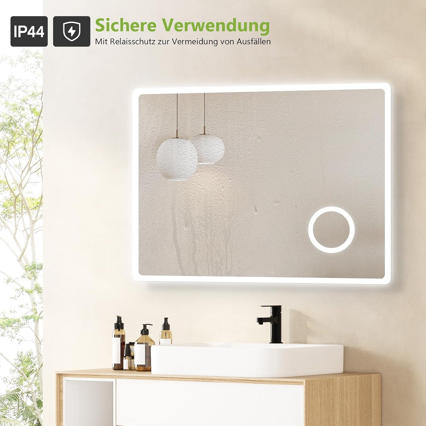 S'AFIELINA Bathroom Mirror 120 x 60 cm Bathroom Mirror with Lighting LED Bathroom Mirror with Push Button Switch 2 Light Colours Cool White and Warm White Anti-Fog 3x Magnification Memory Function - Carlat