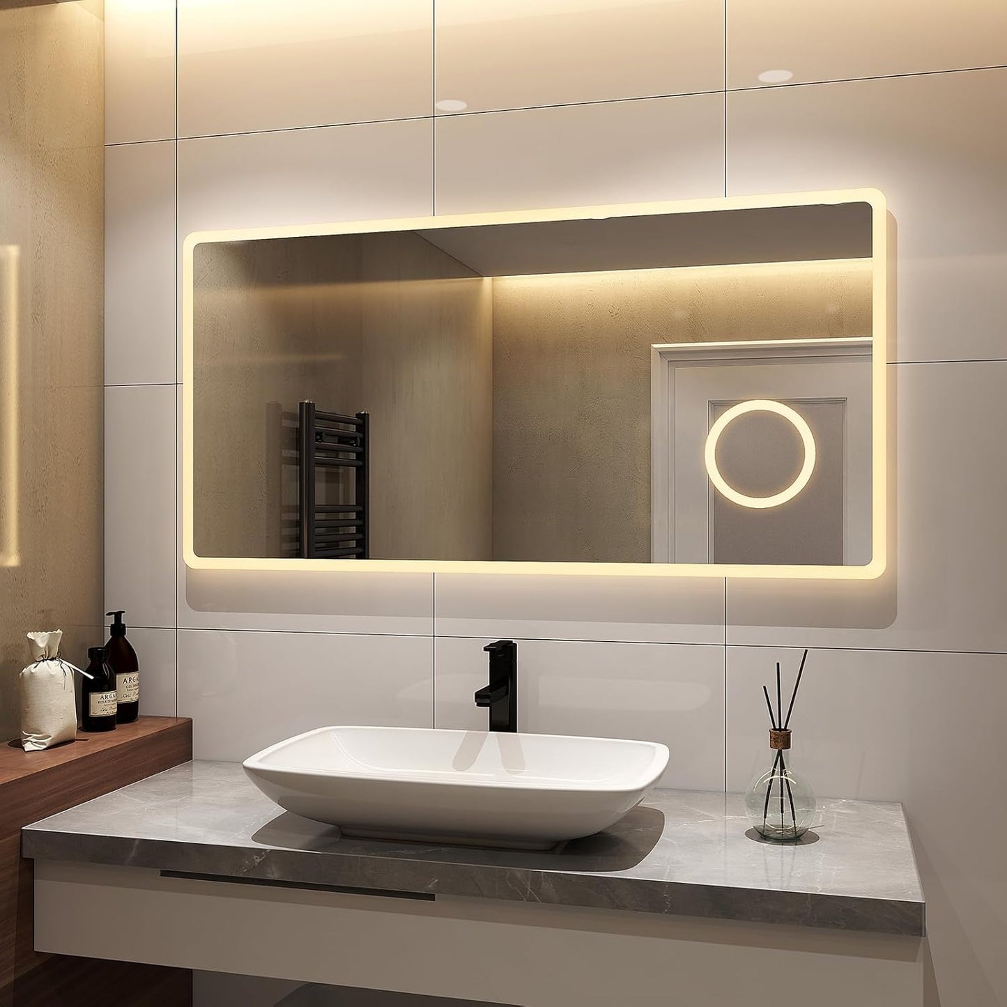 S'AFIELINA Bathroom Mirror 120 x 60 cm Bathroom Mirror with Lighting LED Bathroom Mirror with Push Button Switch 2 Light Colours Cool White and Warm White Anti-Fog 3x Magnification Memory Function - Carlat
