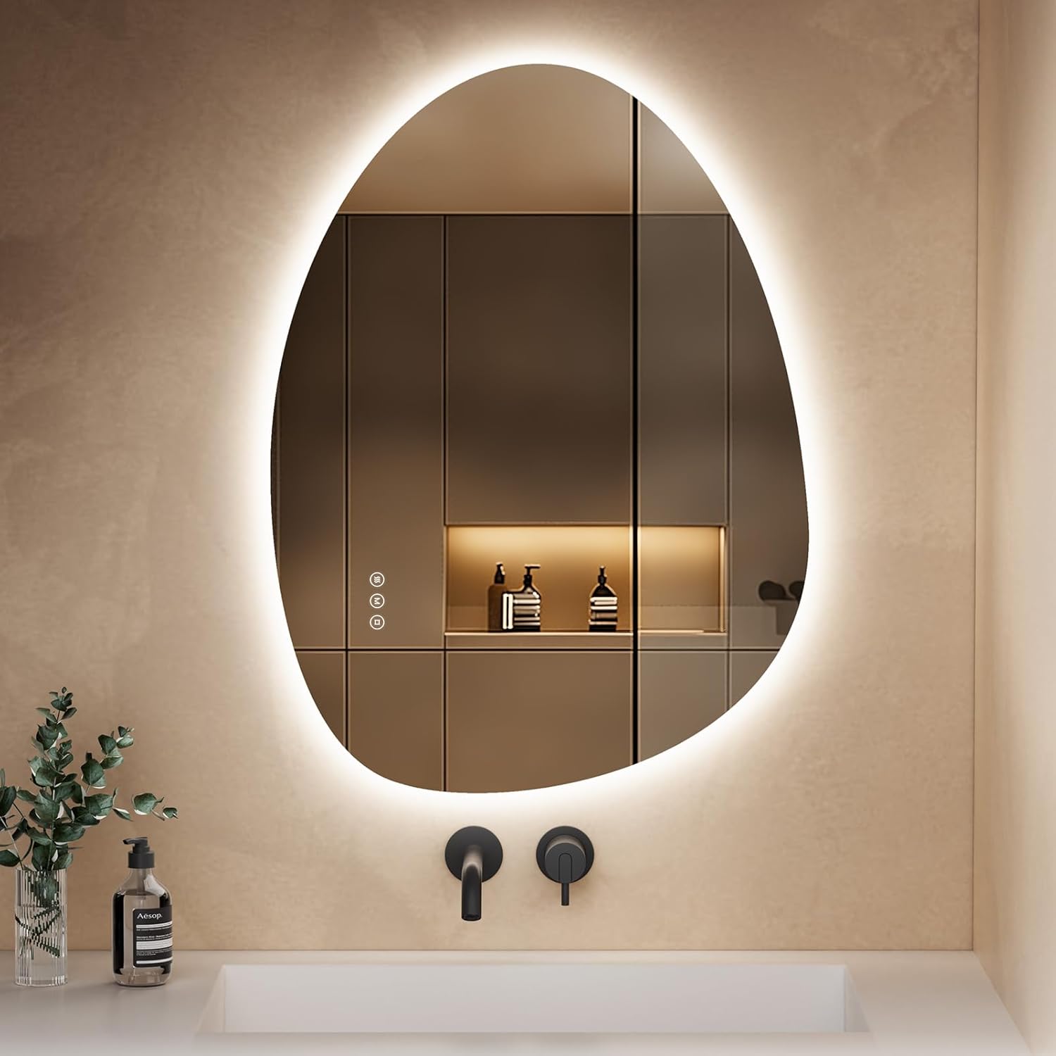 S'AFIELINA Mirror with Lighting, Asymmetrical LED Bathroom Mirror 75 x 55 cm with Touch Switch, Dimmable, 3 Light Colours, Adjustable, Anti-Fog Bathroom Mirror with Lighting - Carlat
