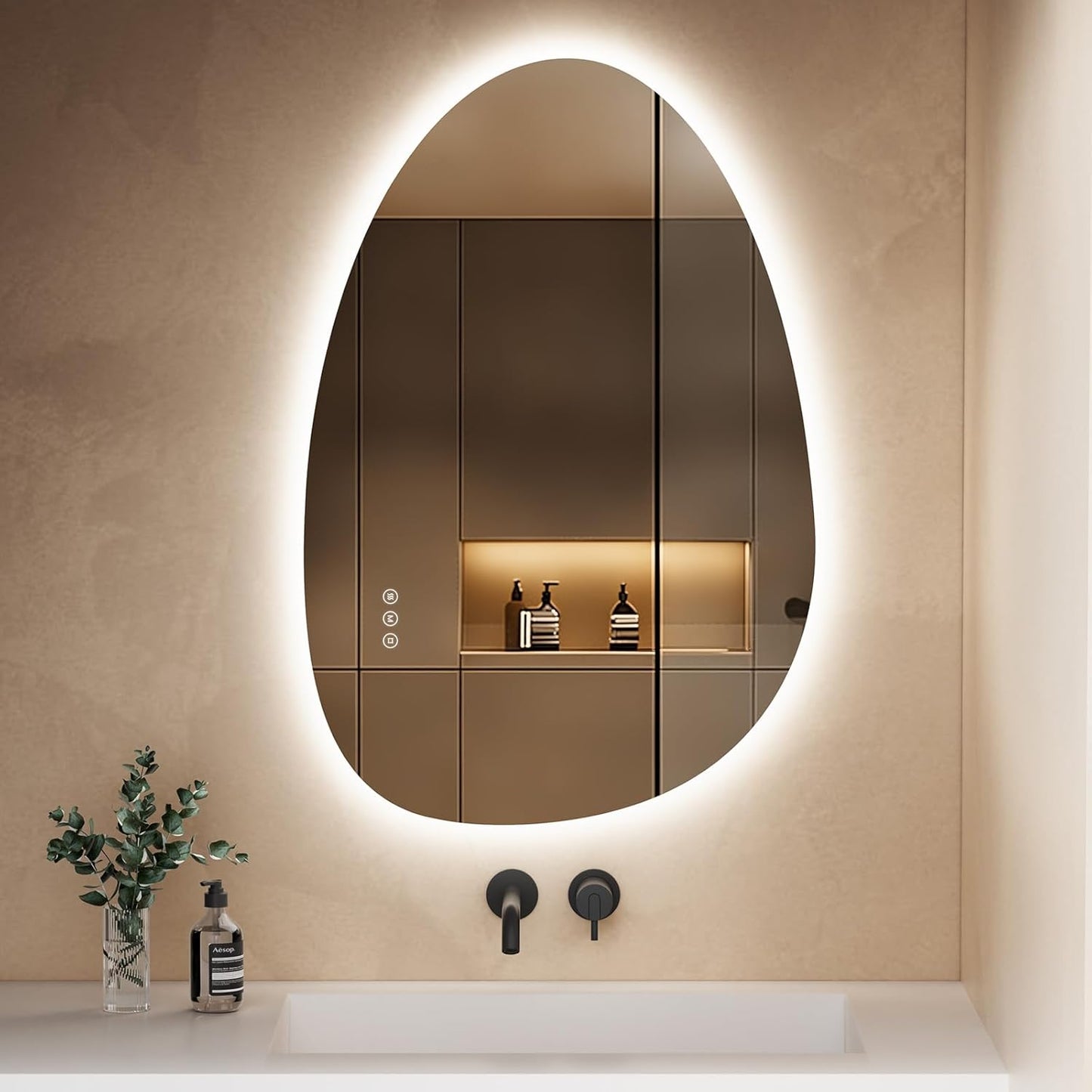 S'AFIELINA Mirror with Lighting, Asymmetrical LED Bathroom Mirror 75 x 55 cm with Touch Switch, Dimmable, 3 Light Colours, Adjustable, Anti-Fog Bathroom Mirror with Lighting - Carlat