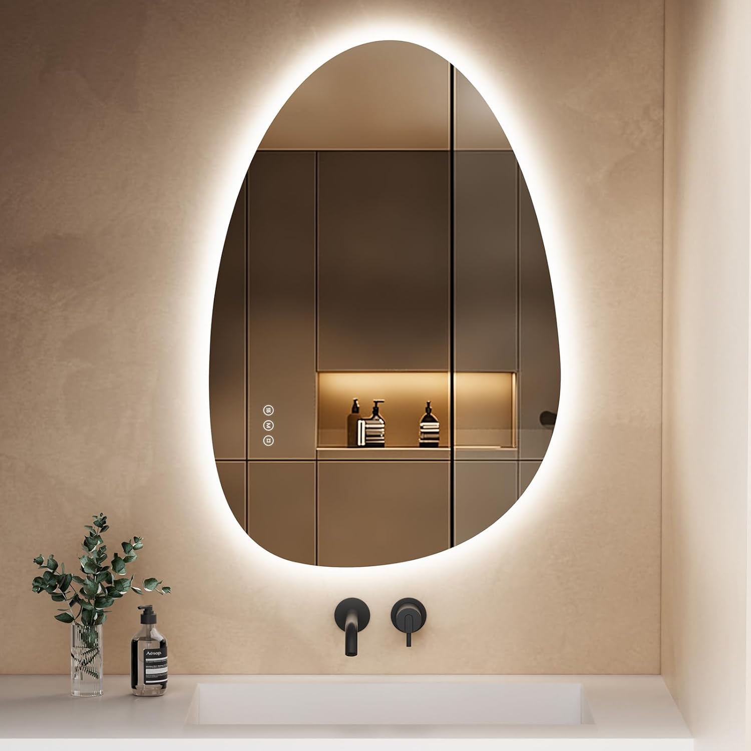 S'AFIELINA Mirror with Lighting, Asymmetrical LED Bathroom Mirror 75 x 55 cm with Touch Switch, Dimmable, 3 Light Colours, Adjustable, Anti-Fog Bathroom Mirror with Lighting - Carlat
