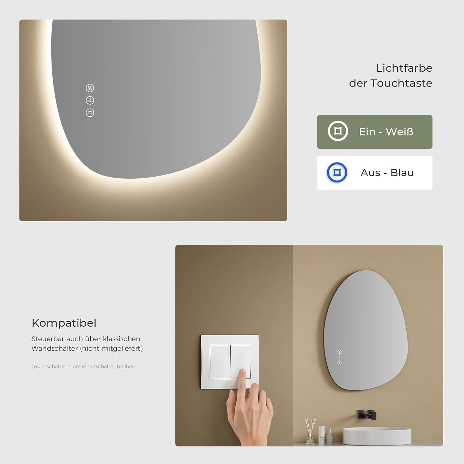 S'AFIELINA Mirror with Lighting, Asymmetrical LED Bathroom Mirror 75 x 55 cm with Touch Switch, Dimmable, 3 Light Colours, Adjustable, Anti-Fog Bathroom Mirror with Lighting - Carlat