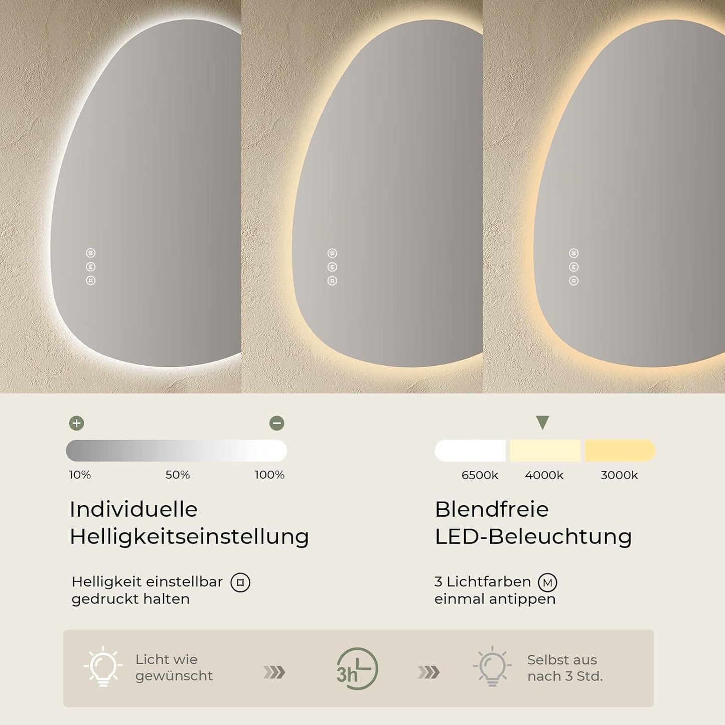 S'AFIELINA Mirror with Lighting, Asymmetrical LED Bathroom Mirror 75 x 55 cm with Touch Switch, Dimmable, 3 Light Colours, Adjustable, Anti-Fog Bathroom Mirror with Lighting - Carlat