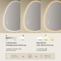 S'AFIELINA Mirror with Lighting, Asymmetrical LED Bathroom Mirror 75 x 55 cm with Touch Switch, Dimmable, 3 Light Colours, Adjustable, Anti-Fog Bathroom Mirror with Lighting - Carlat
