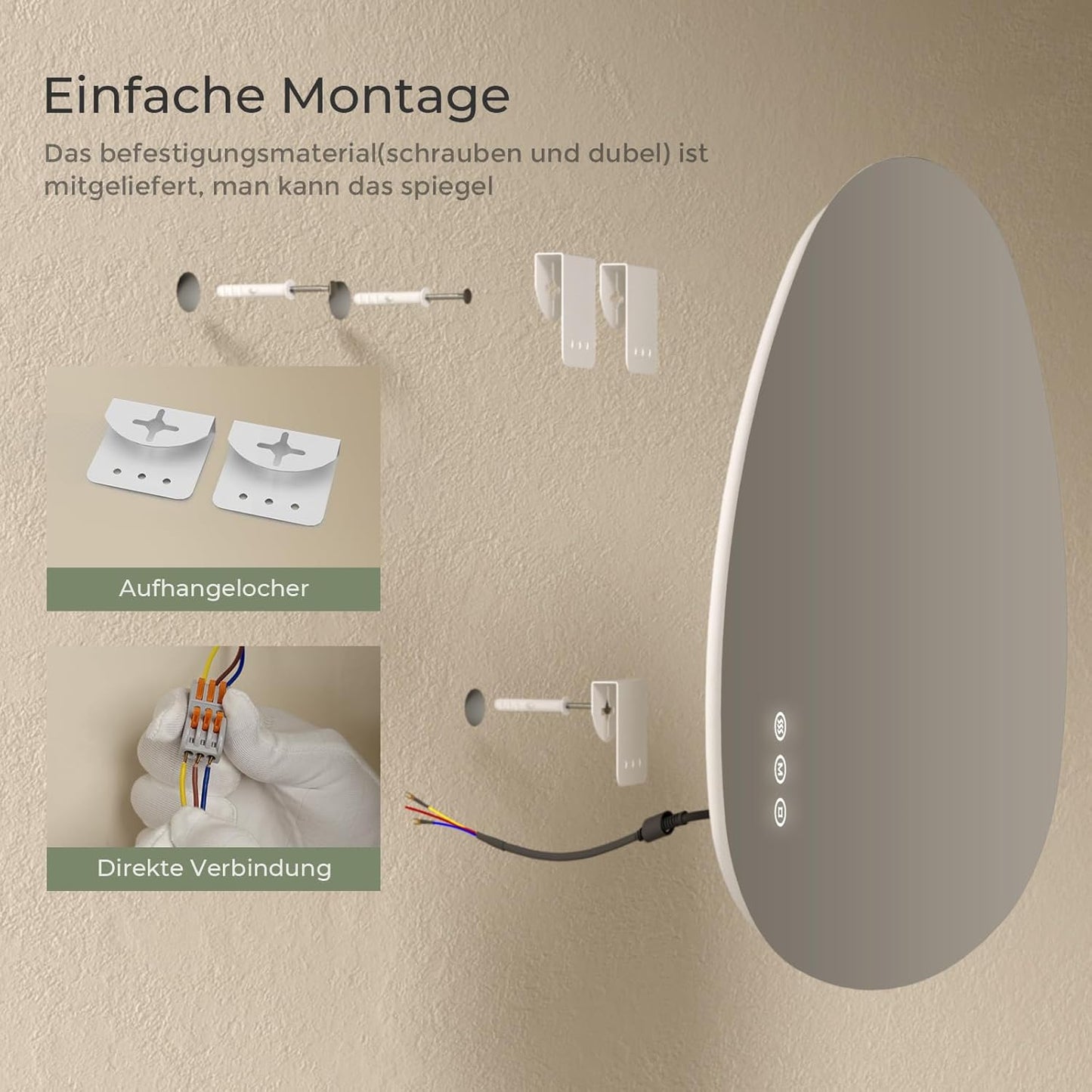 S'AFIELINA Mirror with Lighting, Asymmetrical LED Bathroom Mirror 75 x 55 cm with Touch Switch, Dimmable, 3 Light Colours, Adjustable, Anti-Fog Bathroom Mirror with Lighting - Carlat