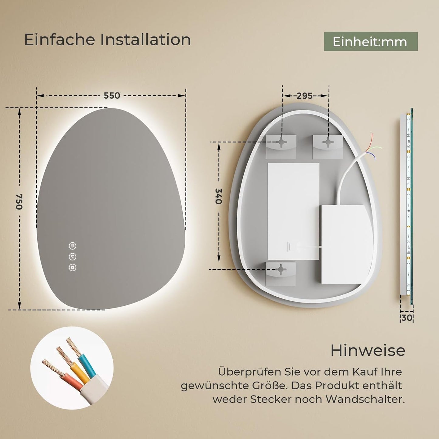 S'AFIELINA Mirror with Lighting, Asymmetrical LED Bathroom Mirror 75 x 55 cm with Touch Switch, Dimmable, 3 Light Colours, Adjustable, Anti-Fog Bathroom Mirror with Lighting - Carlat