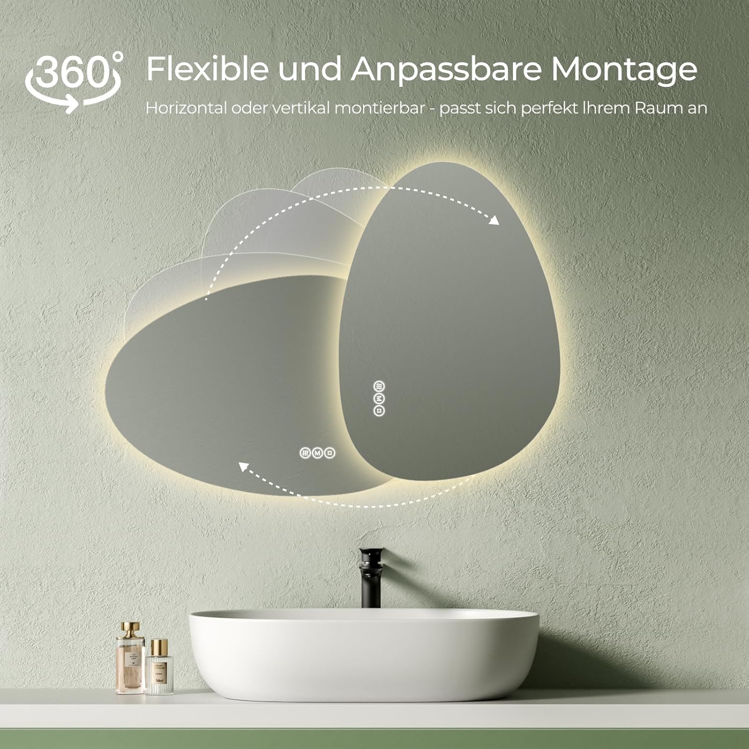 S'AFIELINA Mirror with Lighting, Asymmetrical LED Bathroom Mirror 75 x 55 cm with Touch Switch, Dimmable, 3 Light Colours, Adjustable, Anti-Fog Bathroom Mirror with Lighting - Carlat