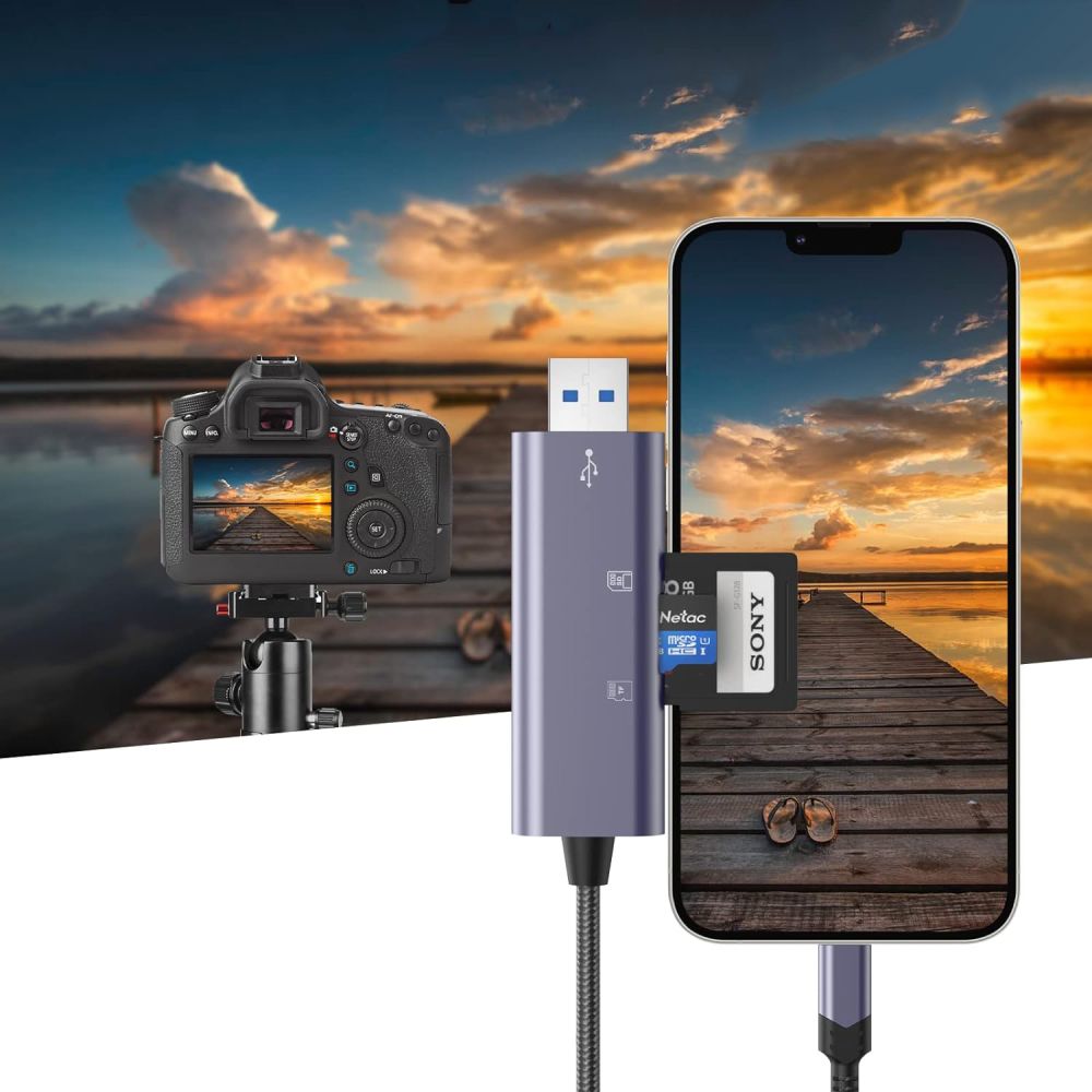 SD / micro SD memory card reader with iPhone Lightning / USB-A connector - gray - Carlat
