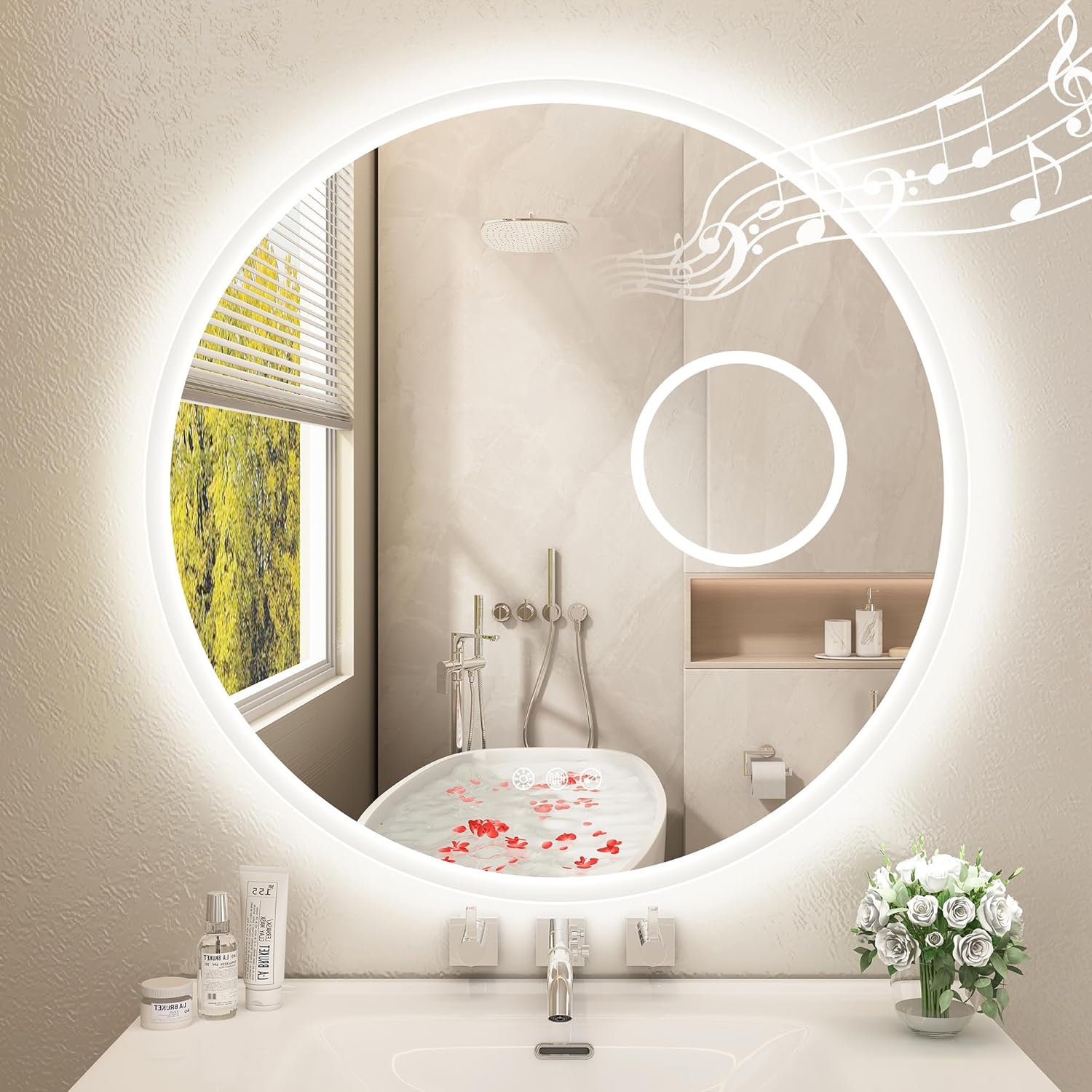 STARLEAD 60 cm Round Bathroom Mirror with Lighting, Bluetooth, Dimmable, 3 Colour Temperatures, De-fogging, Memory Function, HD Tempered Glass, IP44 Waterproof - Carlat