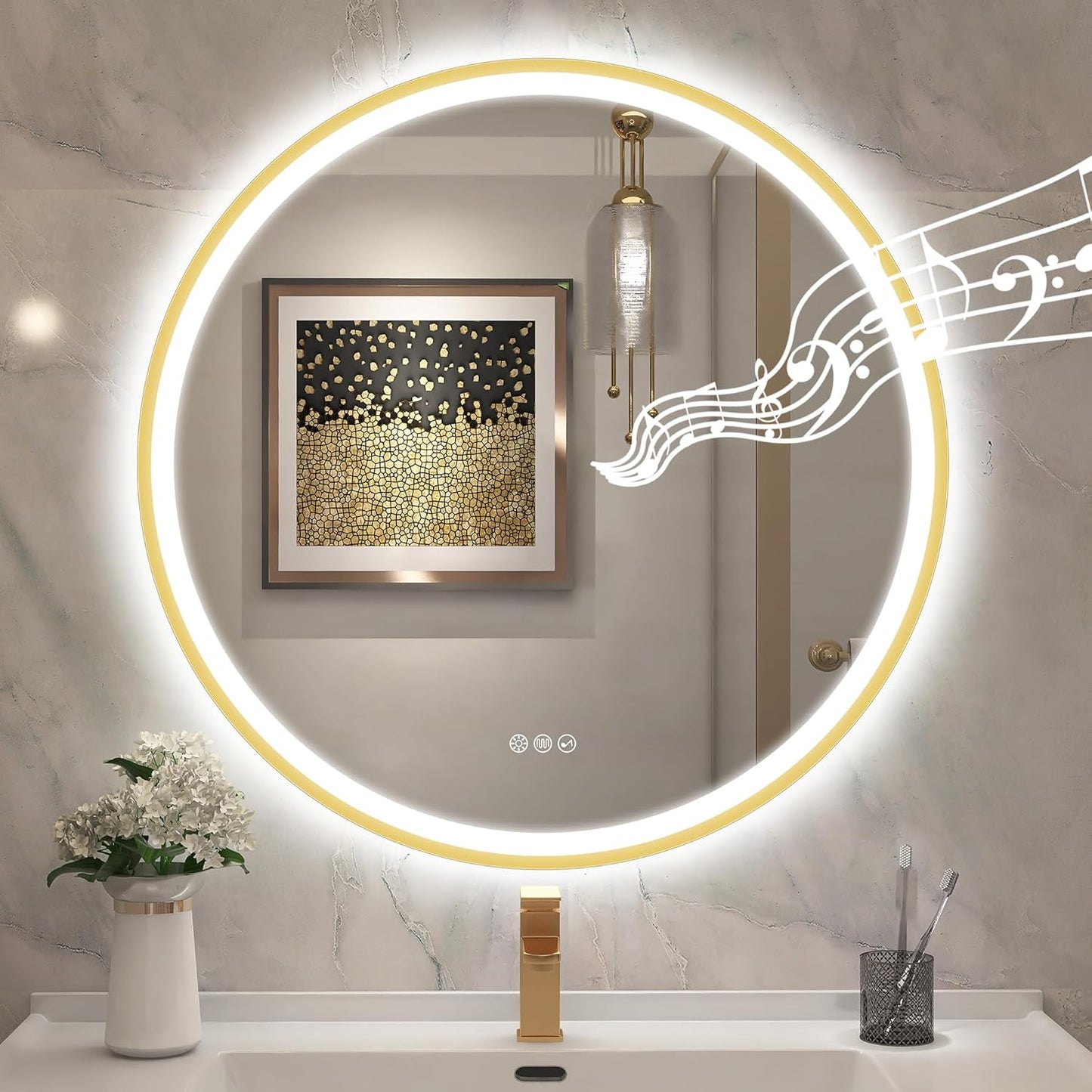 STARLEAD 60 cm Round Bathroom Mirror with Lighting, Bluetooth, Dimmable, 3 Colour Temperatures, De-fogging, Memory Function, HD Tempered Glass, IP44 Waterproof - Carlat