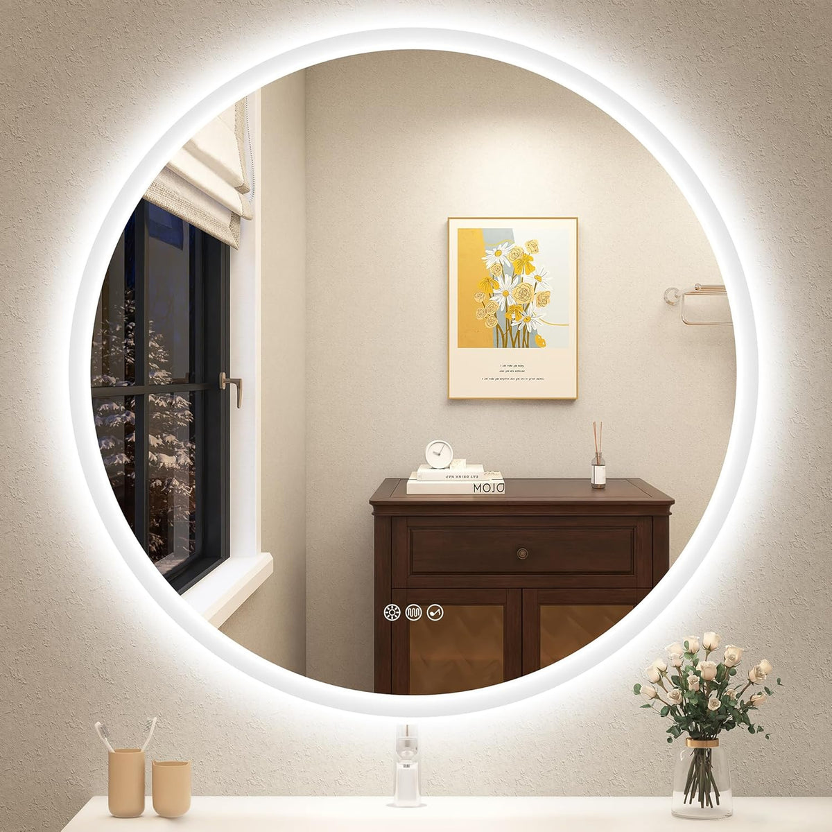STARLEAD 60 cm Round Bathroom Mirror with Lighting, Bluetooth, Dimmable, 3 Colour Temperatures, De-fogging, Memory Function, HD Tempered Glass, IP44 Waterproof - Carlat