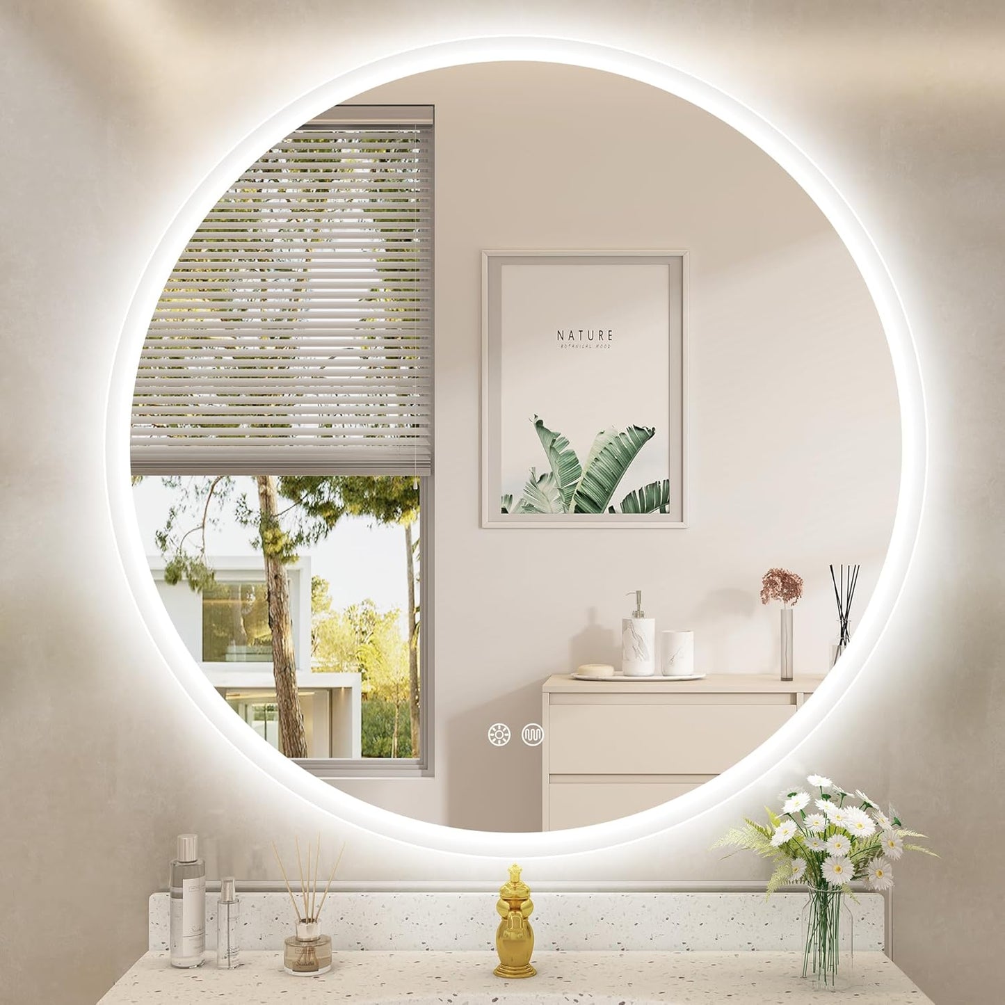 STARLEAD 60 cm Round Bathroom Mirror with Lighting, Bluetooth, Dimmable, 3 Colour Temperatures, De-fogging, Memory Function, HD Tempered Glass, IP44 Waterproof - Carlat