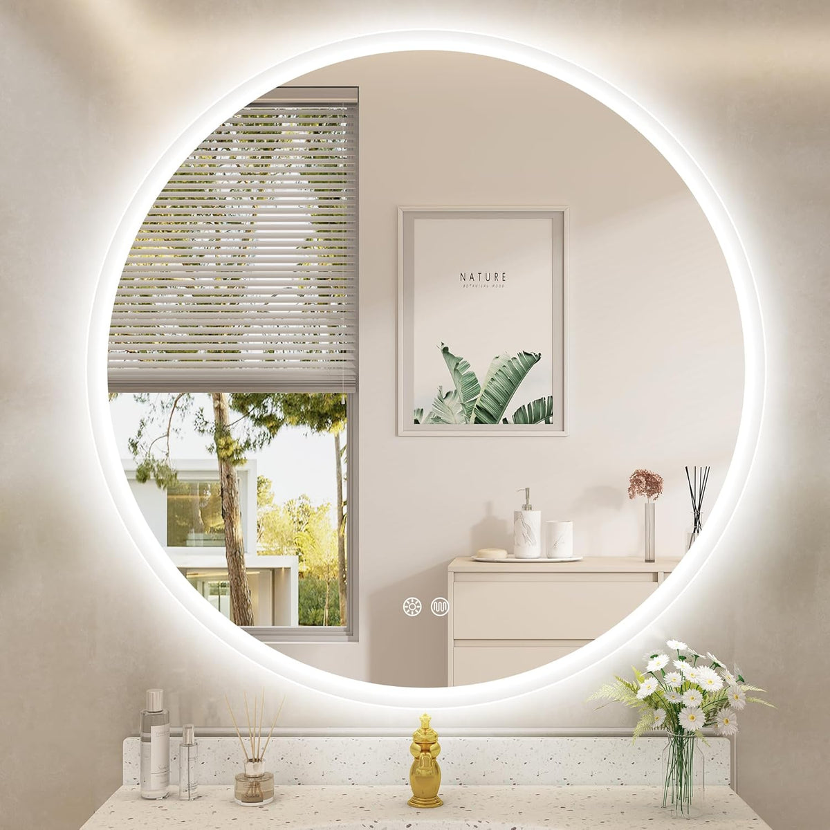 STARLEAD 60 cm Round Bathroom Mirror with Lighting, Bluetooth, Dimmable, 3 Colour Temperatures, De-fogging, Memory Function, HD Tempered Glass, IP44 Waterproof - Carlat