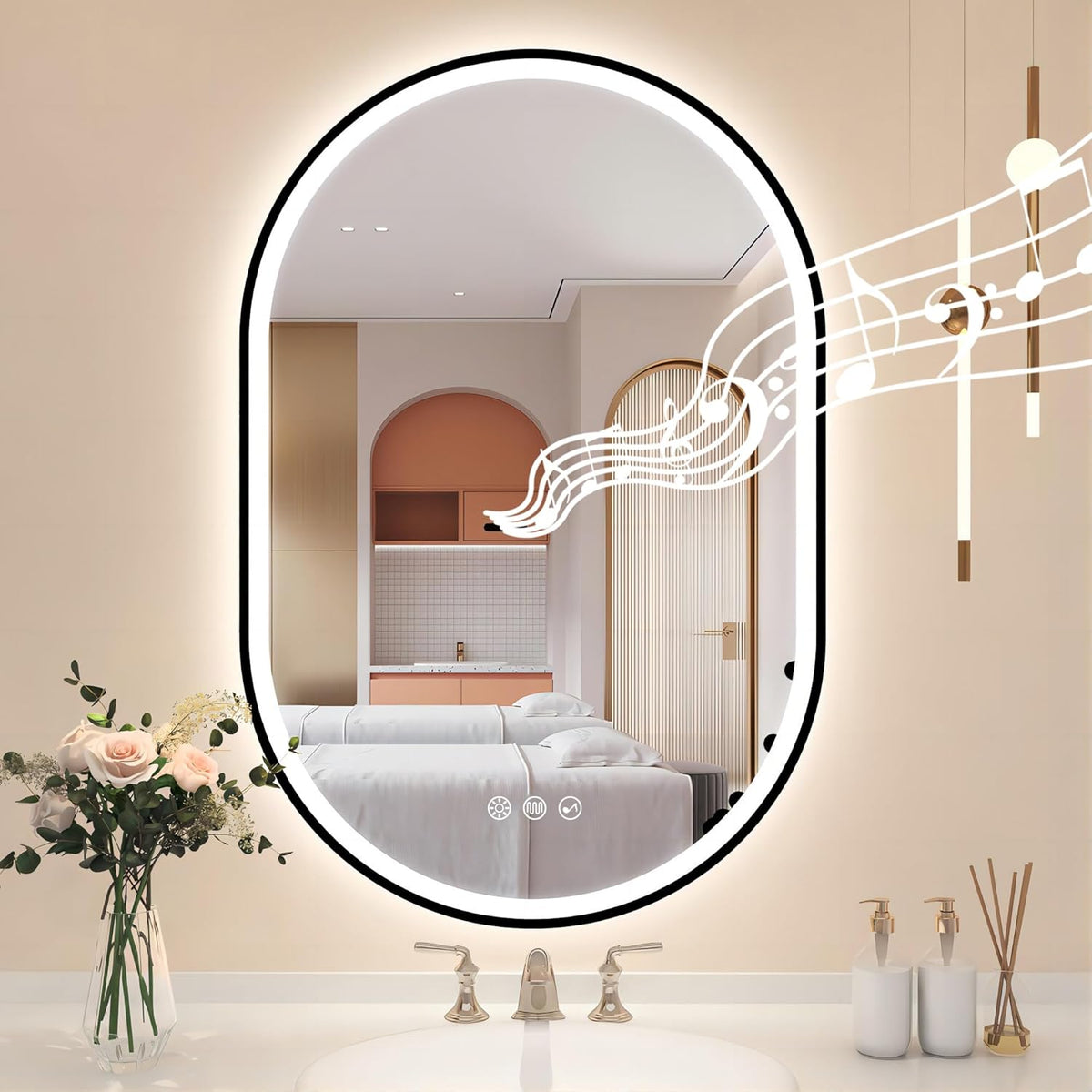 STARLEAD 60 cm Round Bathroom Mirror with Lighting, Bluetooth, Dimmable, 3 Colour Temperatures, De-fogging, Memory Function, HD Tempered Glass, IP44 Waterproof - Carlat