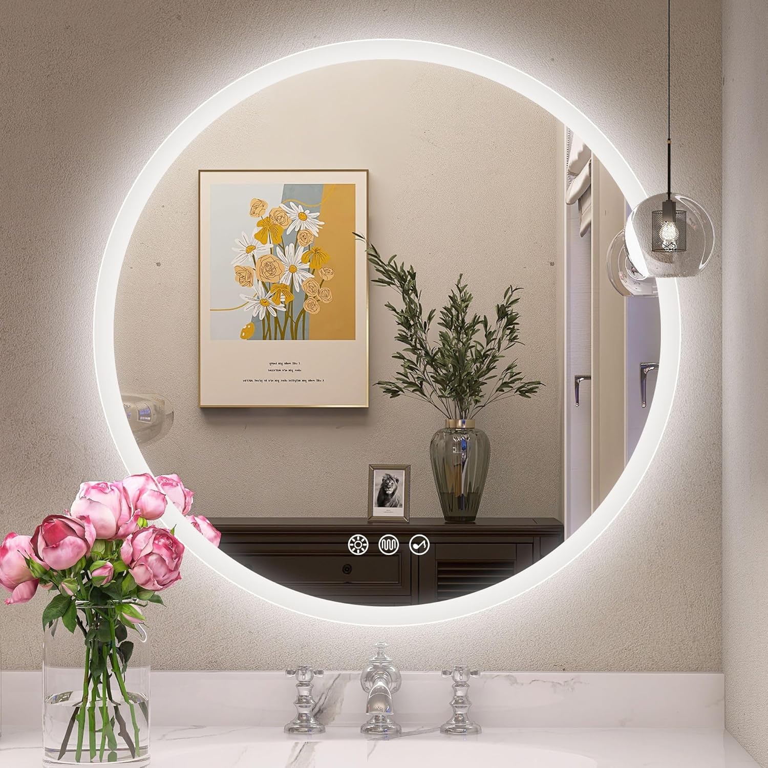 STARLEAD 60 cm Round Bathroom Mirror with Lighting, Bluetooth, Dimmable, 3 Colour Temperatures, De-fogging, Memory Function, HD Tempered Glass, IP44 Waterproof - Carlat