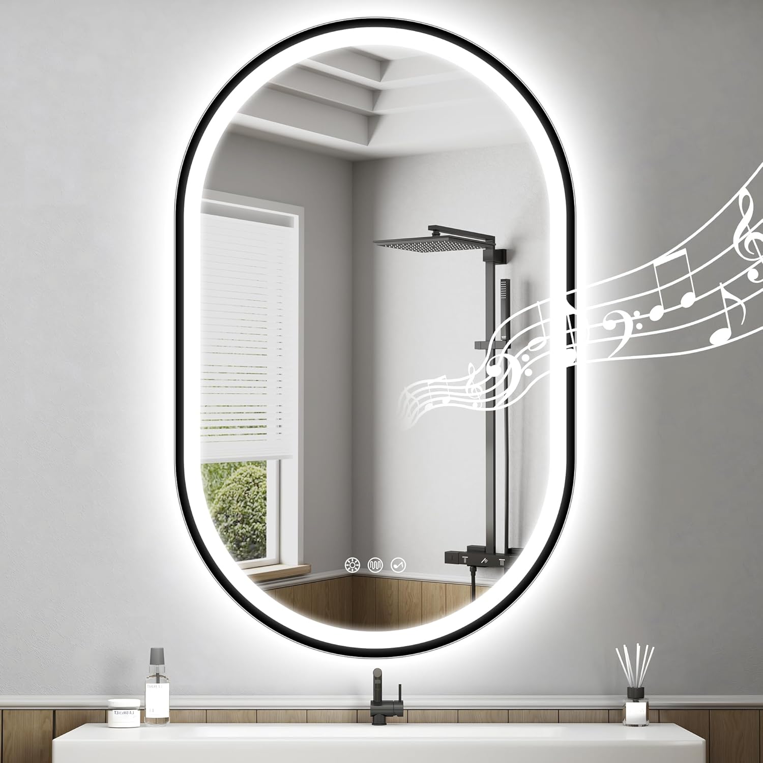 STARLEAD 60 cm Round Bathroom Mirror with Lighting, Bluetooth, Dimmable, 3 Colour Temperatures, De-fogging, Memory Function, HD Tempered Glass, IP44 Waterproof - Carlat