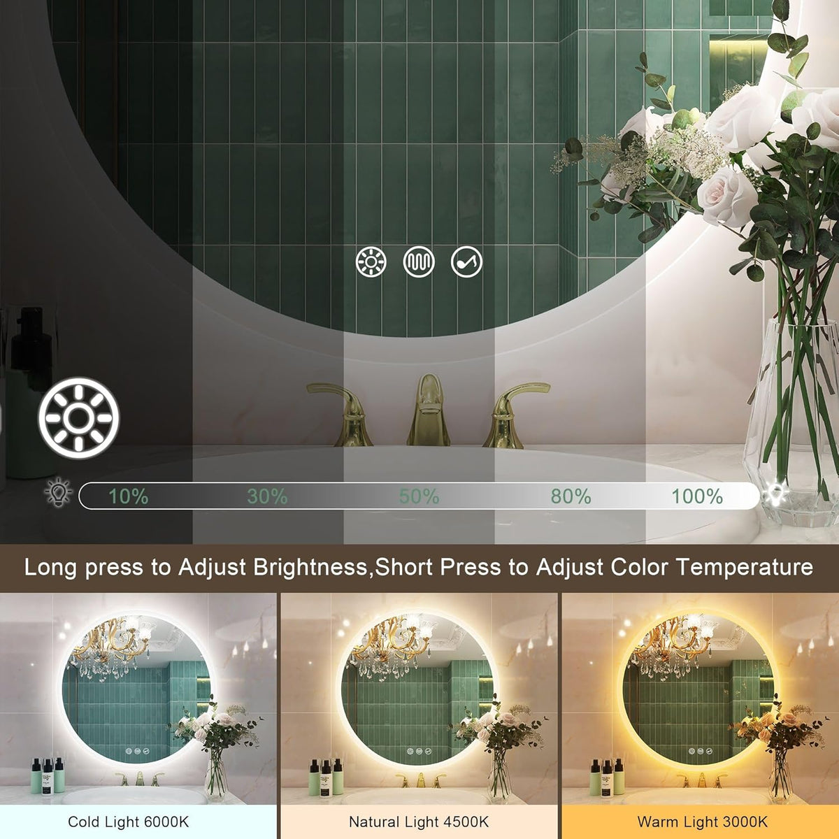 STARLEAD 60 cm Round Bathroom Mirror with Lighting, Bluetooth, Dimmable, 3 Colour Temperatures, De-fogging, Memory Function, HD Tempered Glass, IP44 Waterproof - Carlat
