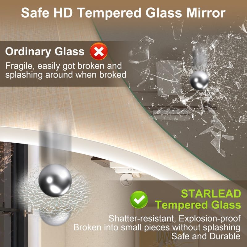 STARLEAD 60 cm Round Bathroom Mirror with Lighting, Bluetooth, Dimmable, 3 Colour Temperatures, De-fogging, Memory Function, HD Tempered Glass, IP44 Waterproof - Carlat
