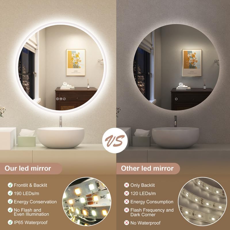 STARLEAD 60 cm Round Bathroom Mirror with Lighting, Bluetooth, Dimmable, 3 Colour Temperatures, De-fogging, Memory Function, HD Tempered Glass, IP44 Waterproof - Carlat