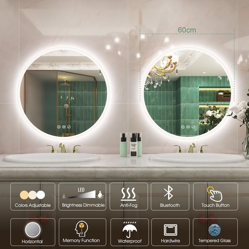 STARLEAD 60 cm Round Bathroom Mirror with Lighting, Bluetooth, Dimmable, 3 Colour Temperatures, De-fogging, Memory Function, HD Tempered Glass, IP44 Waterproof - Carlat
