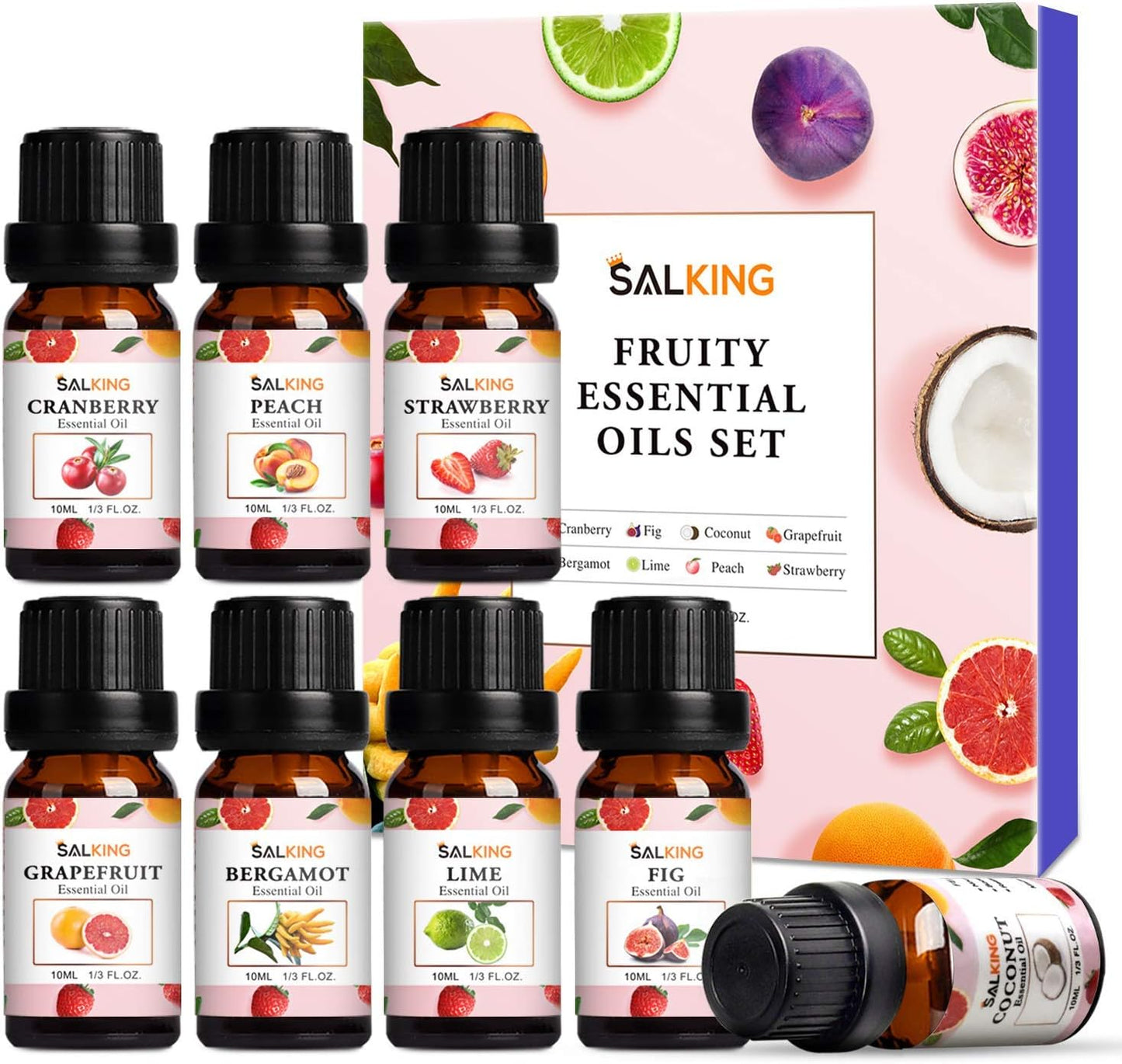 Salking Essential Oils Set, 8 x 10 ml Organic Aromatherapy Fragrance Oil Gift Set for Diffuser, Humidifier, Massage, Lemon, Strawberry, Cranberry, Peach, Bergamot, Coconut, Fig, Grapefruit - Carlat
