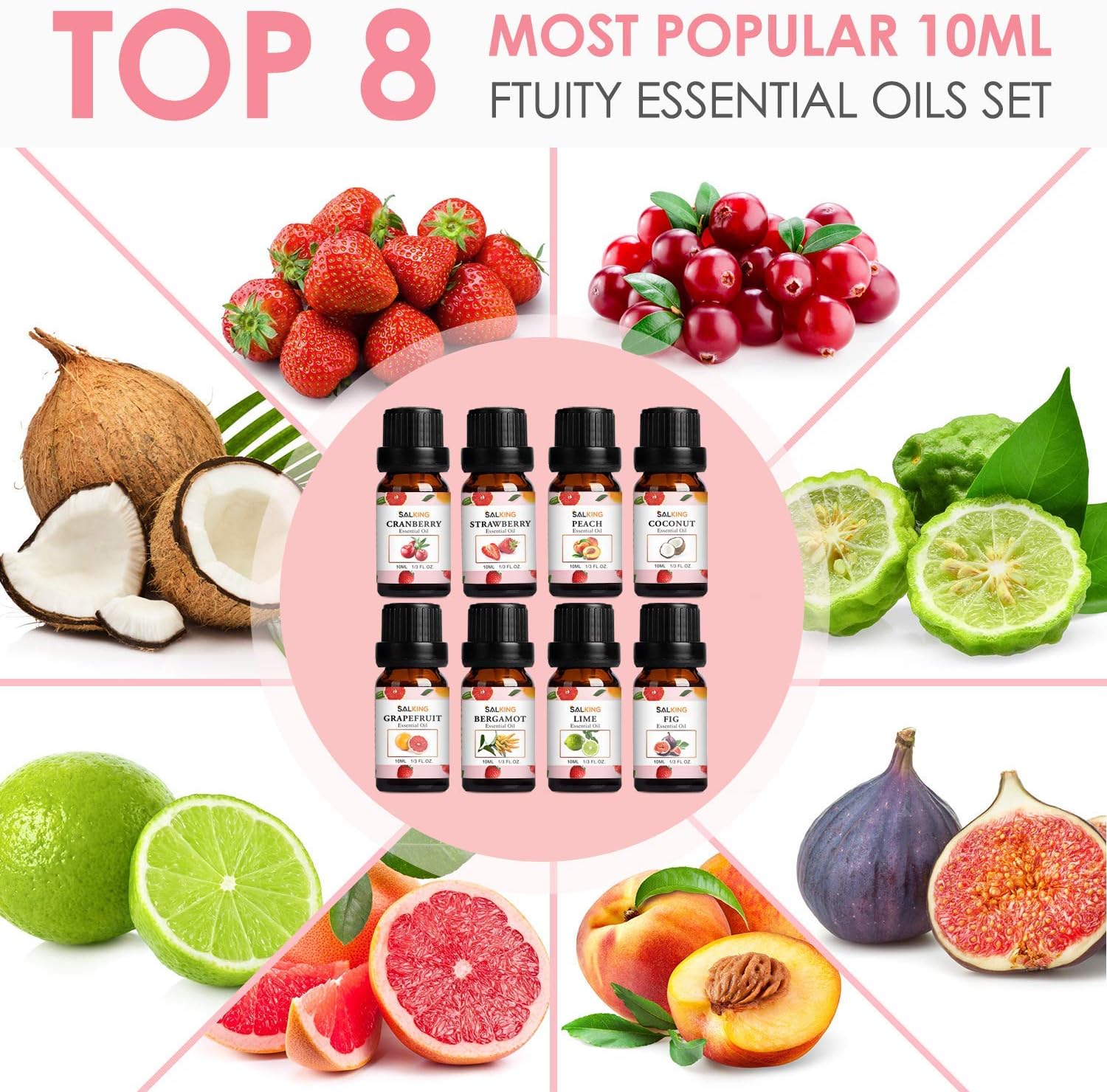 Salking Essential Oils Set, 8 x 10 ml Organic Aromatherapy Fragrance Oil Gift Set for Diffuser, Humidifier, Massage, Lemon, Strawberry, Cranberry, Peach, Bergamot, Coconut, Fig, Grapefruit - Carlat