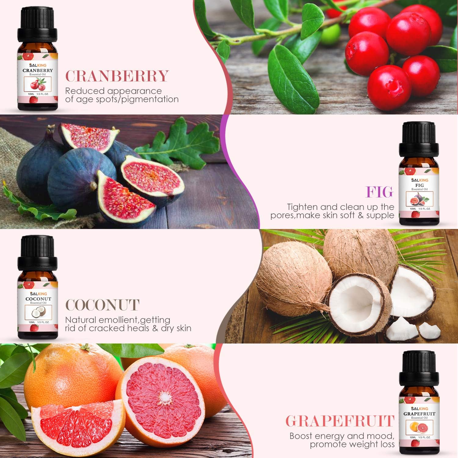 Salking Essential Oils Set, 8 x 10 ml Organic Aromatherapy Fragrance Oil Gift Set for Diffuser, Humidifier, Massage, Lemon, Strawberry, Cranberry, Peach, Bergamot, Coconut, Fig, Grapefruit - Carlat