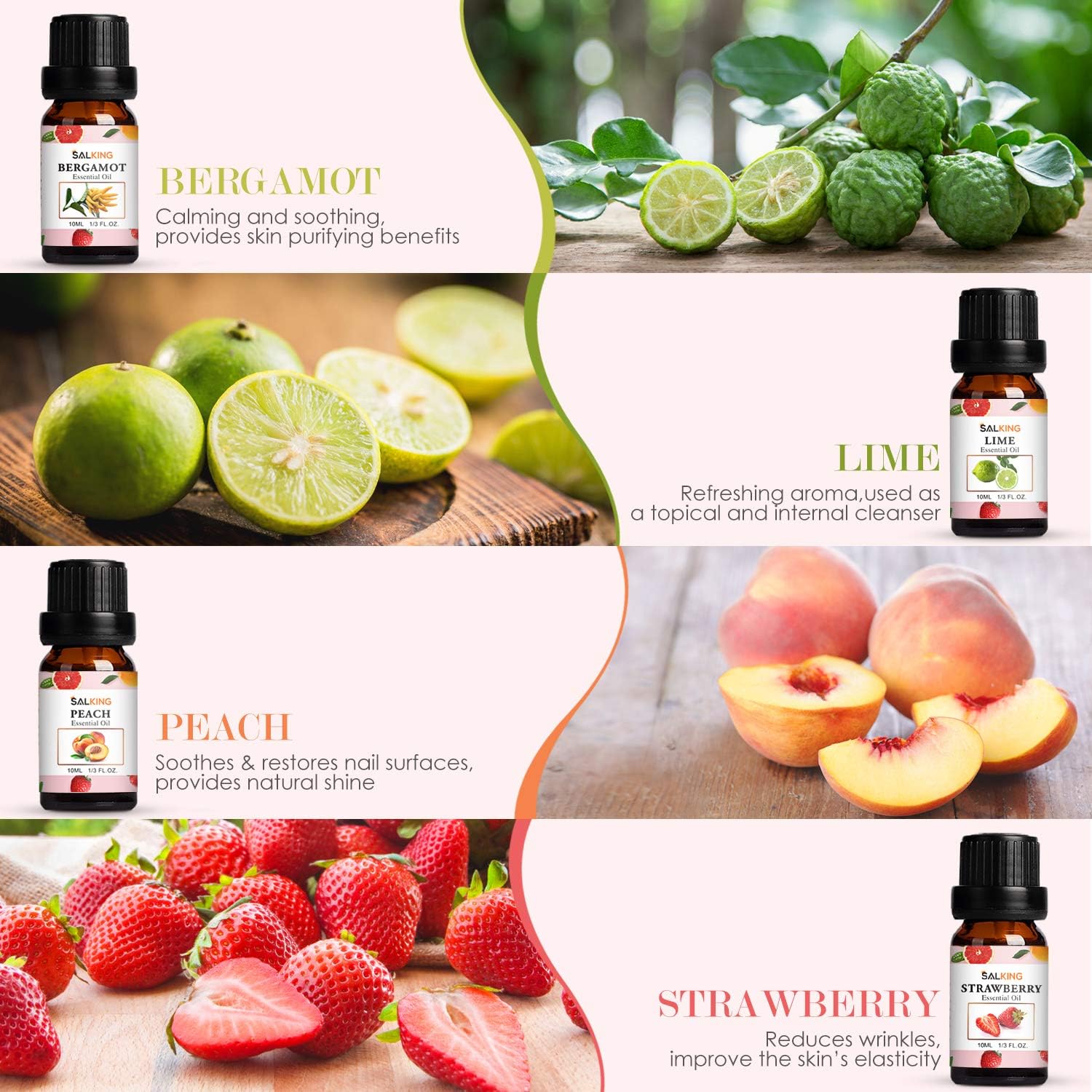 Salking Essential Oils Set, 8 x 10 ml Organic Aromatherapy Fragrance Oil Gift Set for Diffuser, Humidifier, Massage, Lemon, Strawberry, Cranberry, Peach, Bergamot, Coconut, Fig, Grapefruit - Carlat