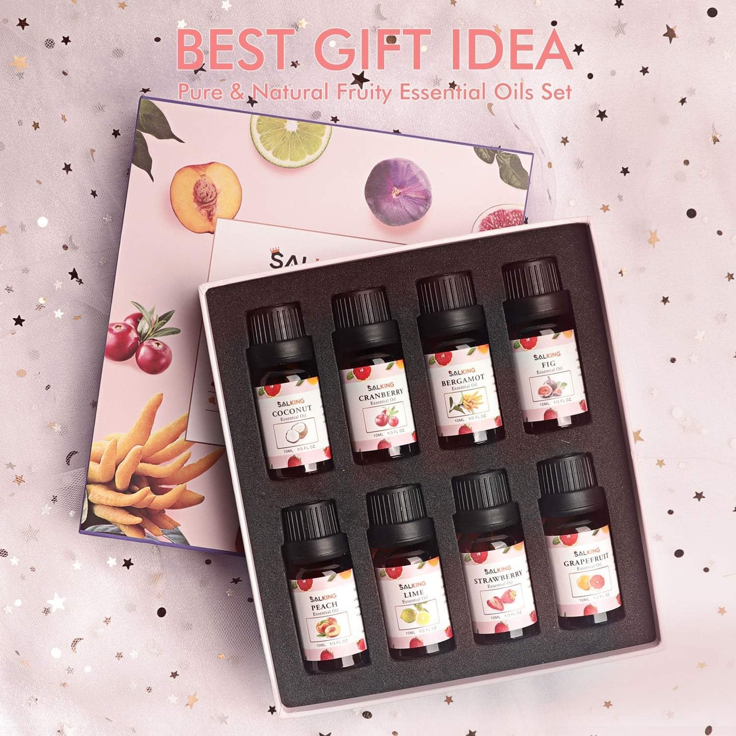Salking Essential Oils Set, 8 x 10 ml Organic Aromatherapy Fragrance Oil Gift Set for Diffuser, Humidifier, Massage, Lemon, Strawberry, Cranberry, Peach, Bergamot, Coconut, Fig, Grapefruit - Carlat