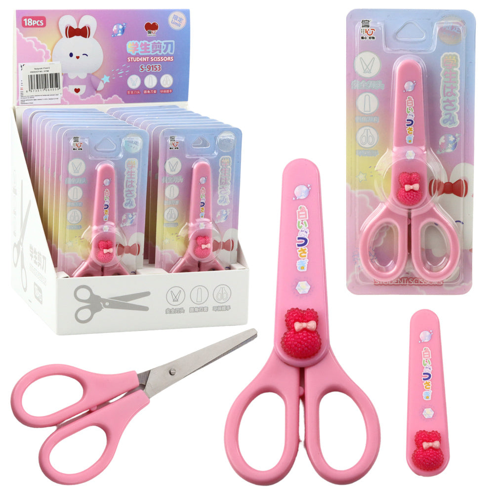 School Scissors with Protective Cover, Decorative Pink Bunny, 14 cm - Carlat
