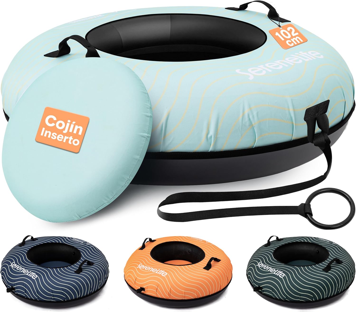 SereneLife Snowtube 101/112/122 cm - Inflatable Sledge for Children and Adults, with Hard Plastic Base, Drawstring and Snow Slider Design for Winter Fun in the Snow - Carlat