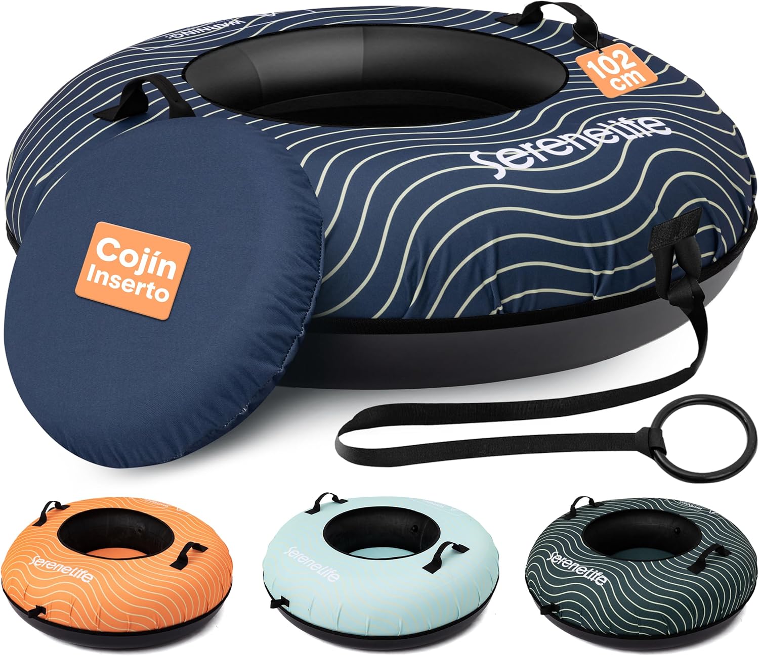 SereneLife Snowtube 101/112/122 cm - Inflatable Sledge for Children and Adults, with Hard Plastic Base, Drawstring and Snow Slider Design for Winter Fun in the Snow - Carlat