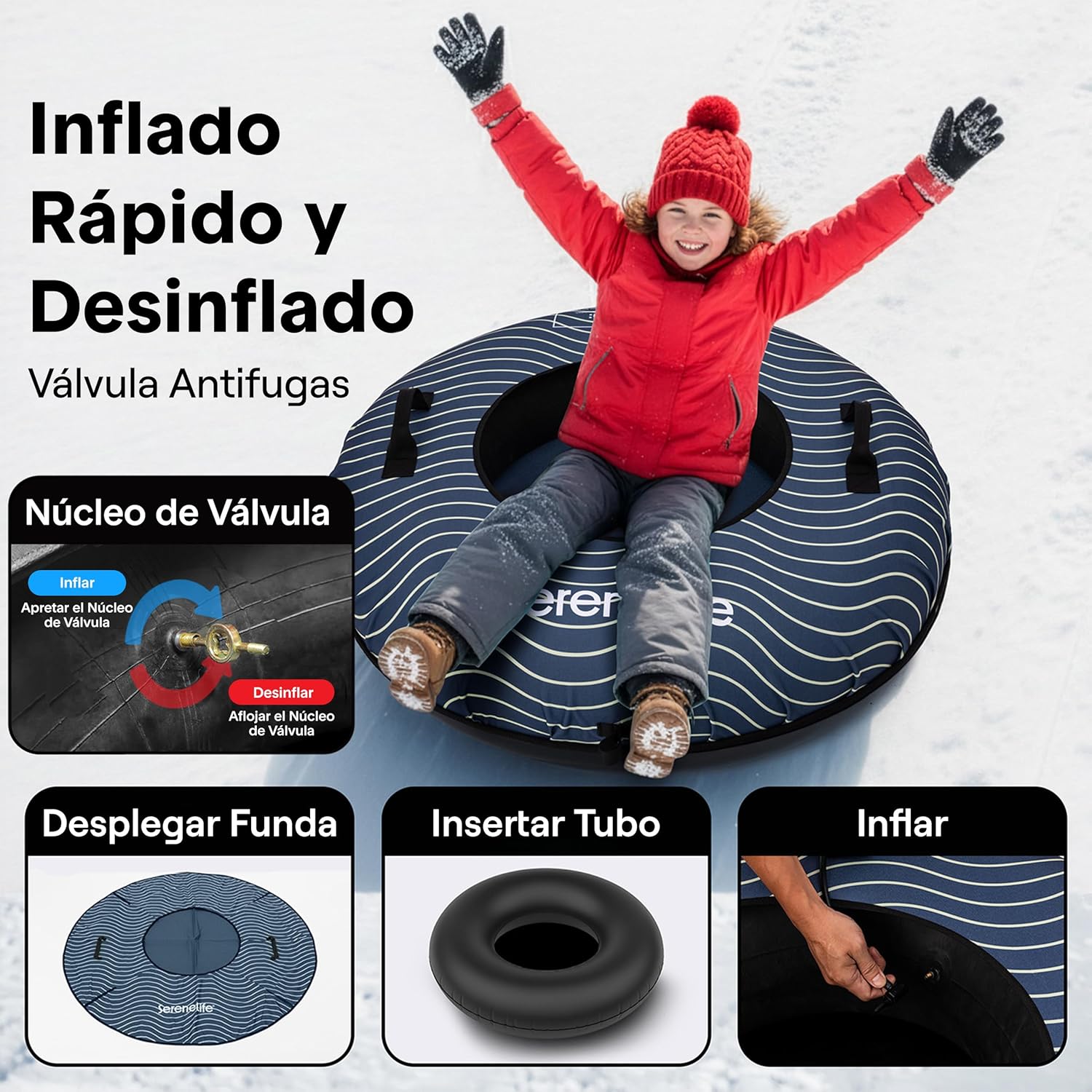 SereneLife Snowtube 101/112/122 cm - Inflatable Sledge for Children and Adults, with Hard Plastic Base, Drawstring and Snow Slider Design for Winter Fun in the Snow - Carlat