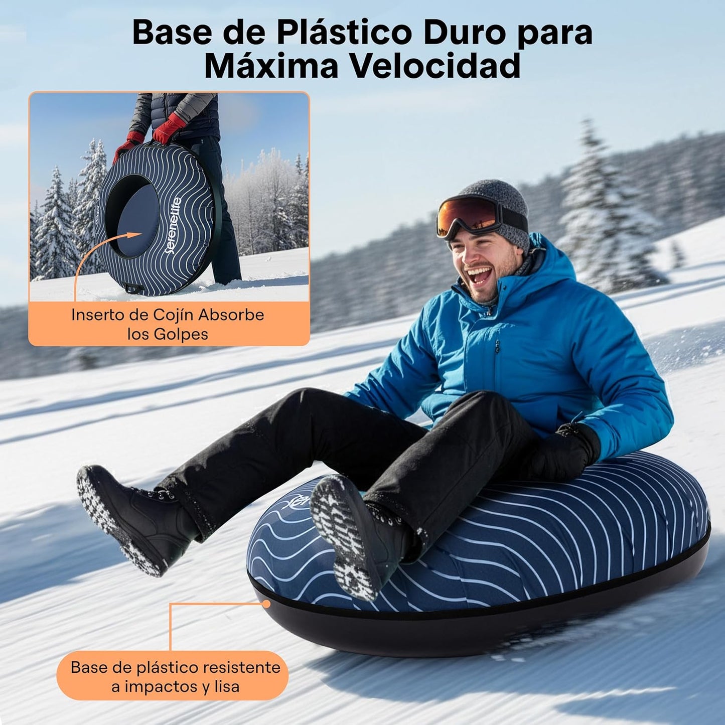 SereneLife Snowtube 101/112/122 cm - Inflatable Sledge for Children and Adults, with Hard Plastic Base, Drawstring and Snow Slider Design for Winter Fun in the Snow - Carlat