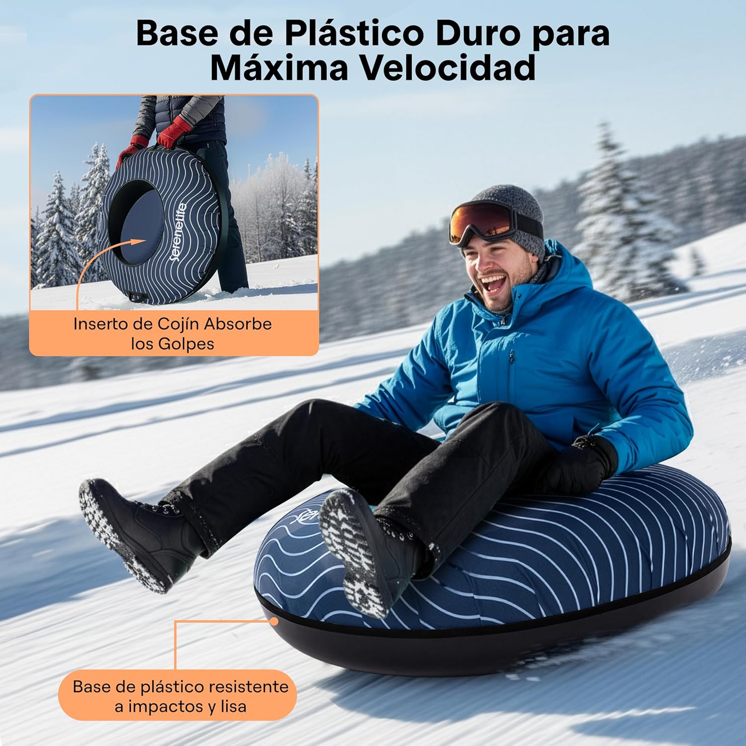 SereneLife Snowtube 101/112/122 cm - Inflatable Sledge for Children and Adults, with Hard Plastic Base, Drawstring and Snow Slider Design for Winter Fun in the Snow - Carlat