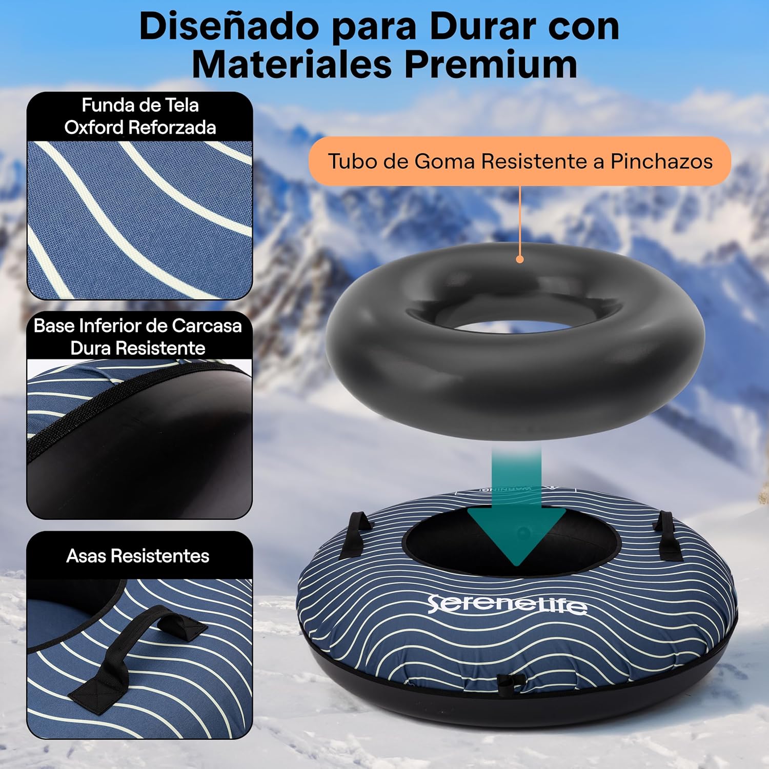 SereneLife Snowtube 101/112/122 cm - Inflatable Sledge for Children and Adults, with Hard Plastic Base, Drawstring and Snow Slider Design for Winter Fun in the Snow - Carlat