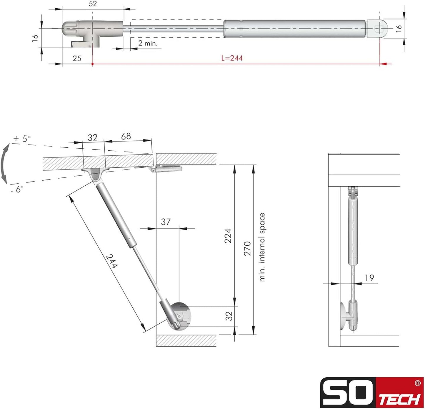 Set of 2 Italiana Ferramenta gas pressure dampers Kraby lift up (60 Newton, 277 mm total length) cabinet door damper for upward opening cabinet flaps and chests Sotech - Carlat