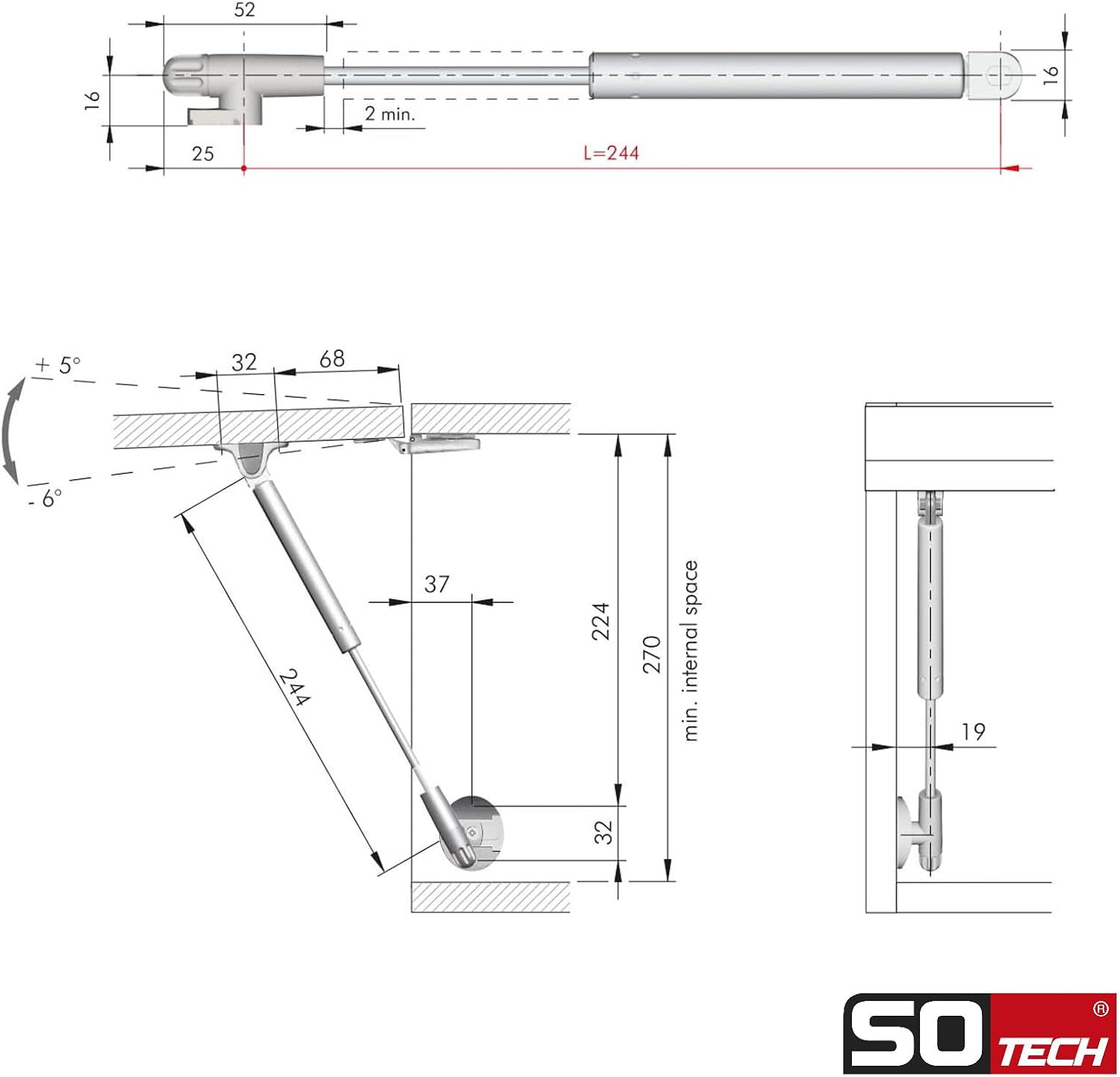 Set of 2 Italiana Ferramenta gas pressure dampers Kraby lift up (60 Newton, 277 mm total length) cabinet door damper for upward opening cabinet flaps and chests Sotech - Carlat