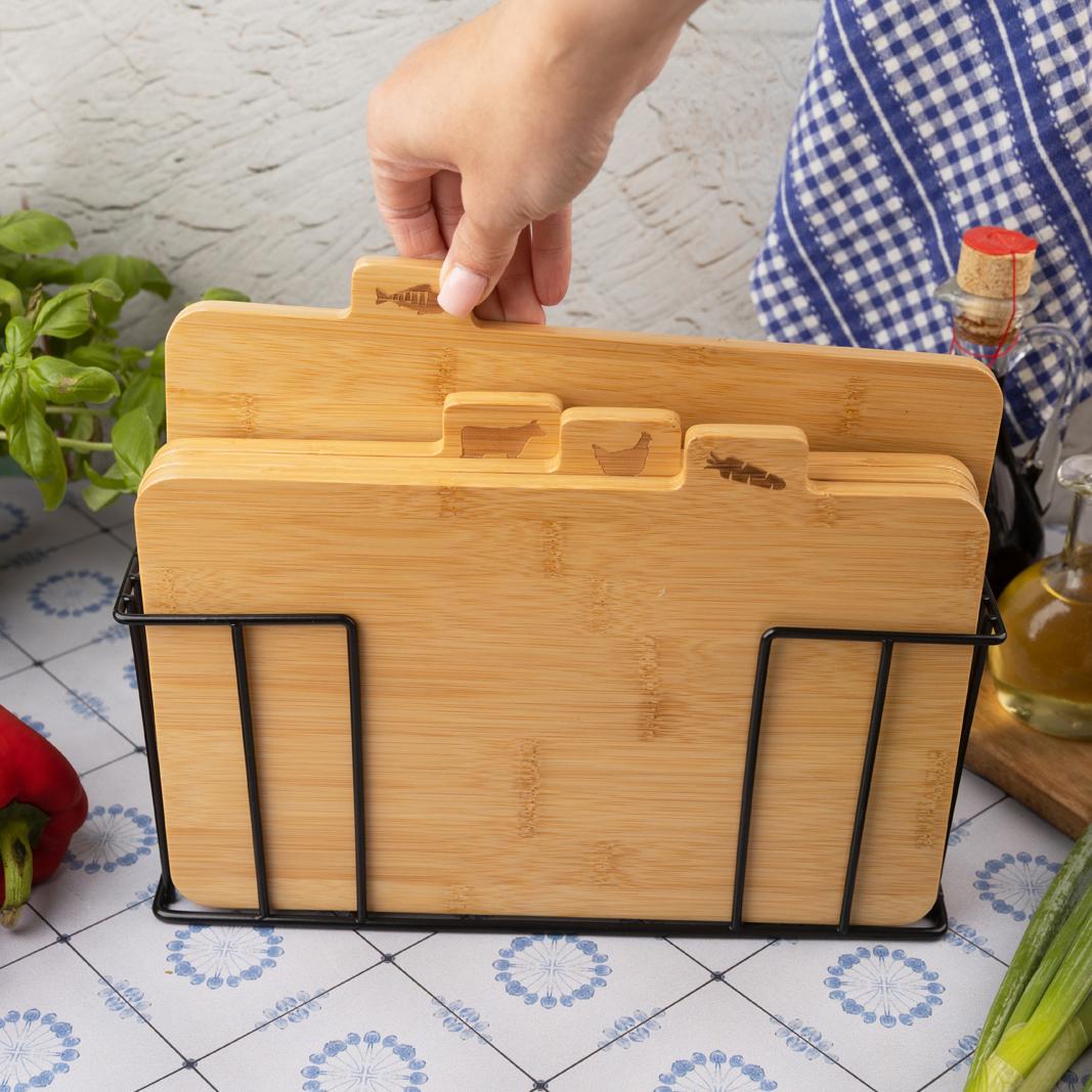 Set of 4 bamboo cutting boards with a stand, Kinghoff - Carlat