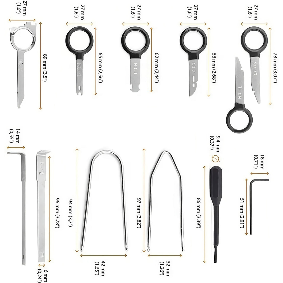 Set of pullers, wrenches, and tools for removing radio trim - Carlat