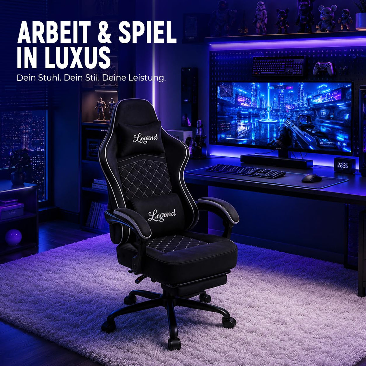Shadcoler Ergonomic Gaming Chair with Footrest, Tech Fabric, Pocket Spring Cushion, Reclining Backrest, Black - Carlat