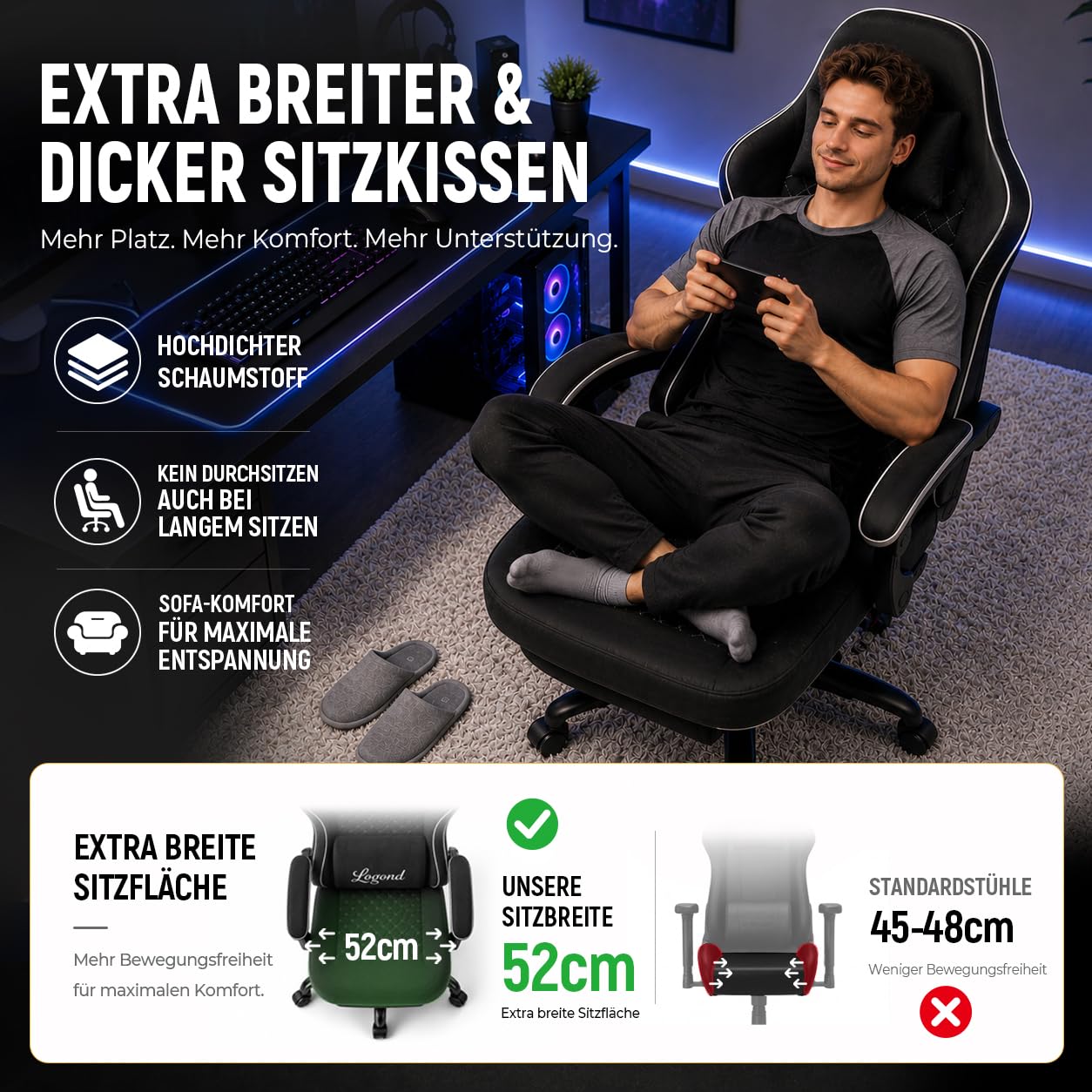 Shadcoler Ergonomic Gaming Chair with Footrest, Tech Fabric, Pocket Spring Cushion, Reclining Backrest, Black - Carlat