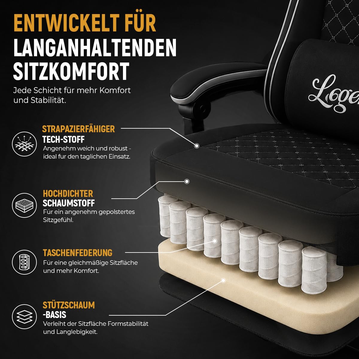Shadcoler Ergonomic Gaming Chair with Footrest, Tech Fabric, Pocket Spring Cushion, Reclining Backrest, Black - Carlat